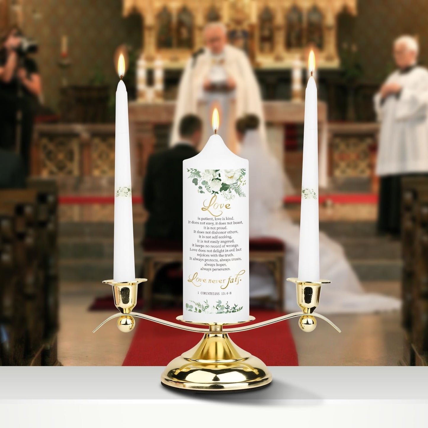 3 Unity Floral Candles for Wedding Ceremony Set with Golden Holder, Wedding Accessories for Reception