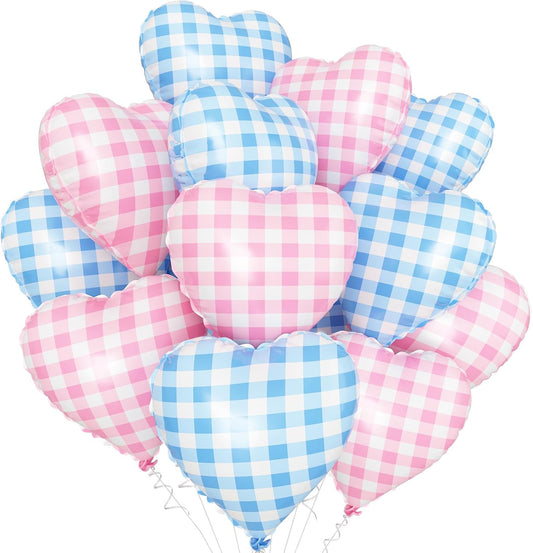 Pink Blue Checkered Heart Balloons,12Pcs 18Inch Blue Pink Grid Heart Shaped Foil Helium Polyester Film Balloons for One Silly Goose Birthday Baby Shower Party Decorations