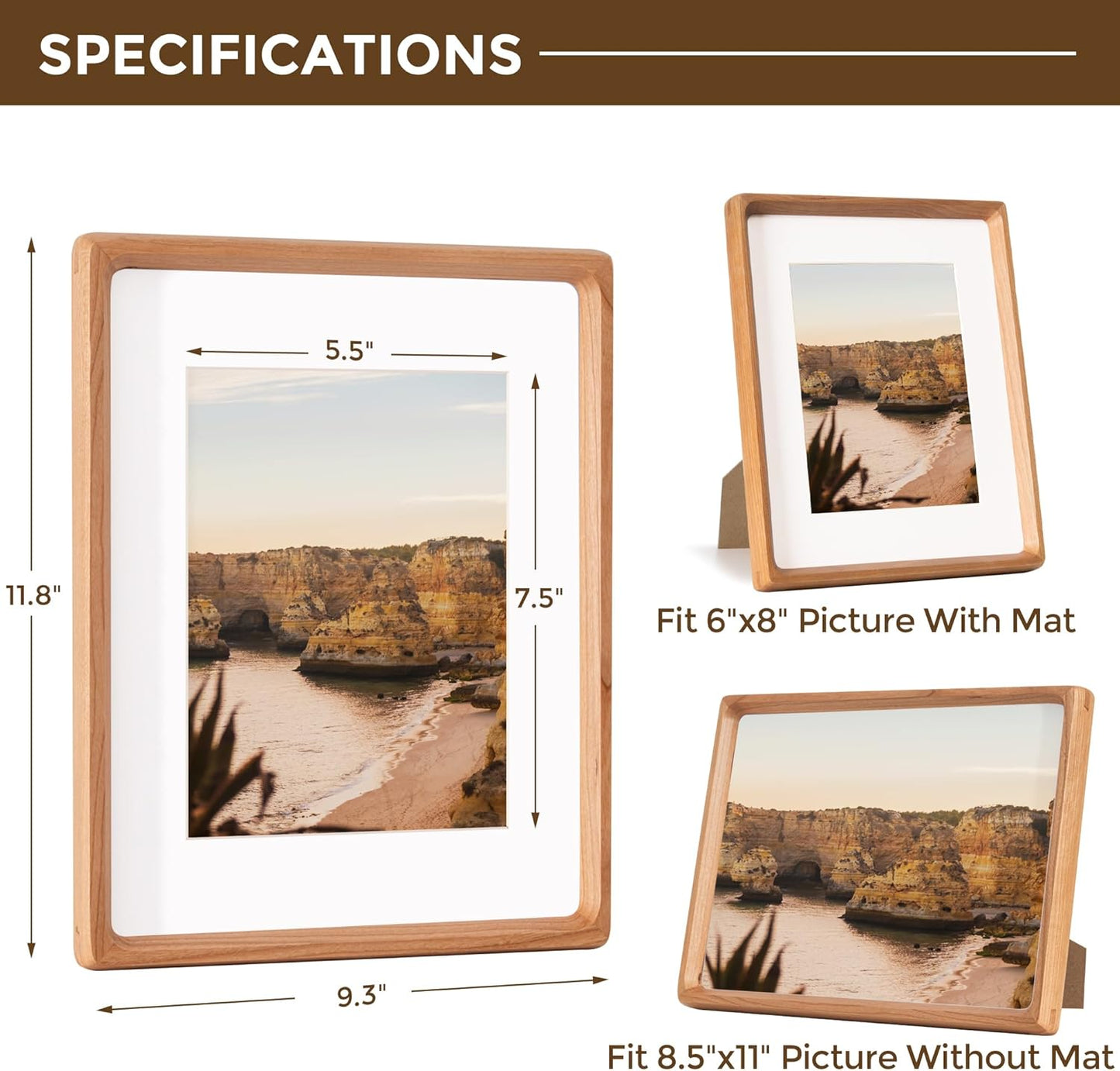 8.5x11 Picture Frame USA-Sourced Natural Cherry Wood Solid Original Wood Photo Frame Rounded Corner with Mat to 6x8 Picture Display with Real Glass Family Picture, Wedding Picture, Photo, Certificate