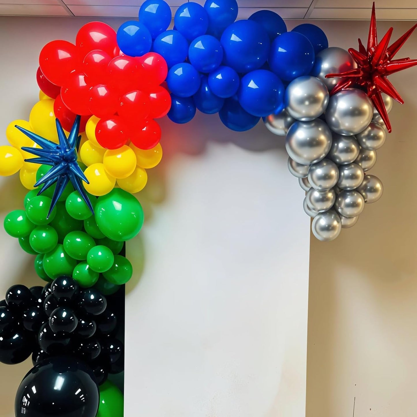 Black and Red Yellow Blue Balloons, 12 Inch Black Red Yellow Blue Green Metallic Silver Confetti Balloons with Star Foil Balloon for Boys Graduation Birthday Baby Shower Party Decorations