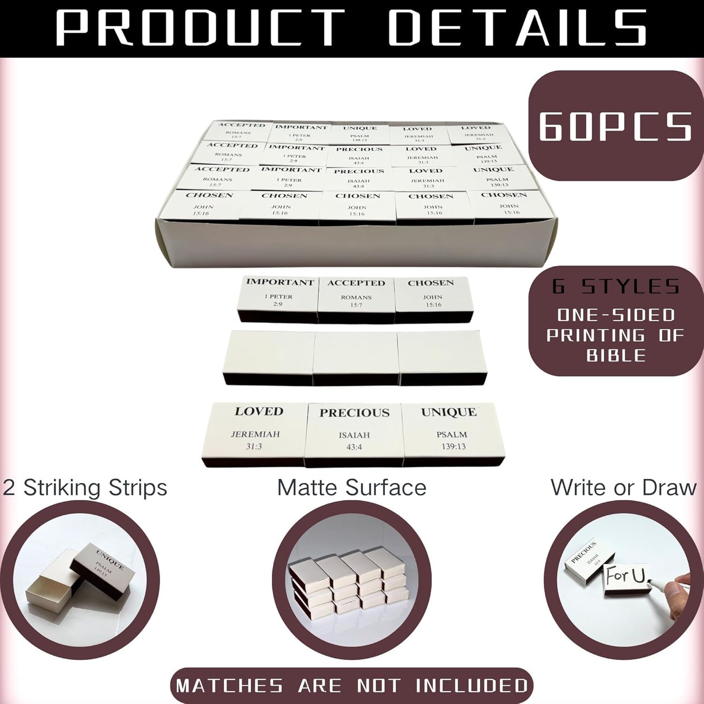 60pcs Blank Match Boxes, 2.25x1.42x0.59in Bulk Christian Bible Matchboxes DIY White Storage Containers Holders Double-Sided Striker Wedding Bridal Baby Shower Birthday Party Favor, No Matches Included