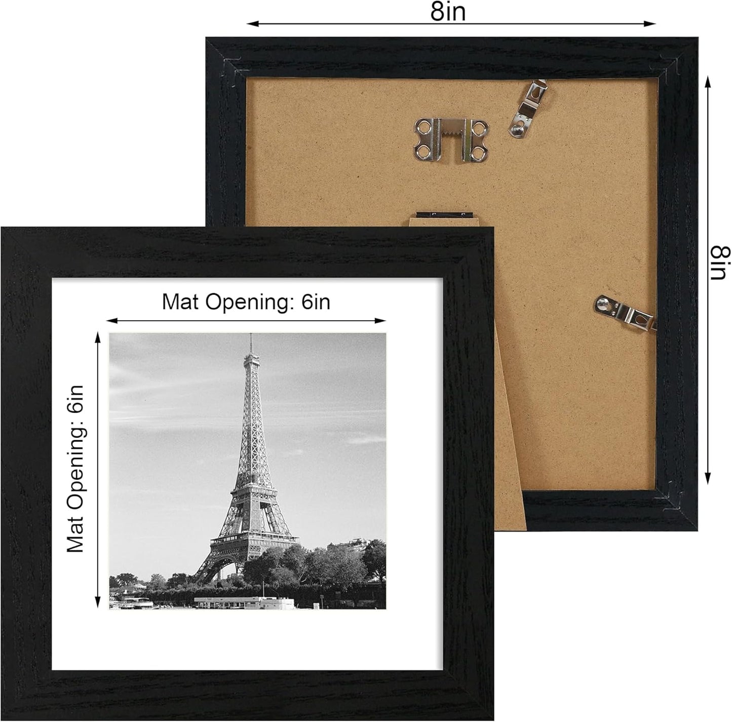 8x8 Picture Frames Set of 4 with High Definition Real Glass, Black Frames Display 6x6 Picture with Mat or 8x8 Without Mat, Wood Square 8 x 8 Photo Frame for Wall Mount and Tabletop Display