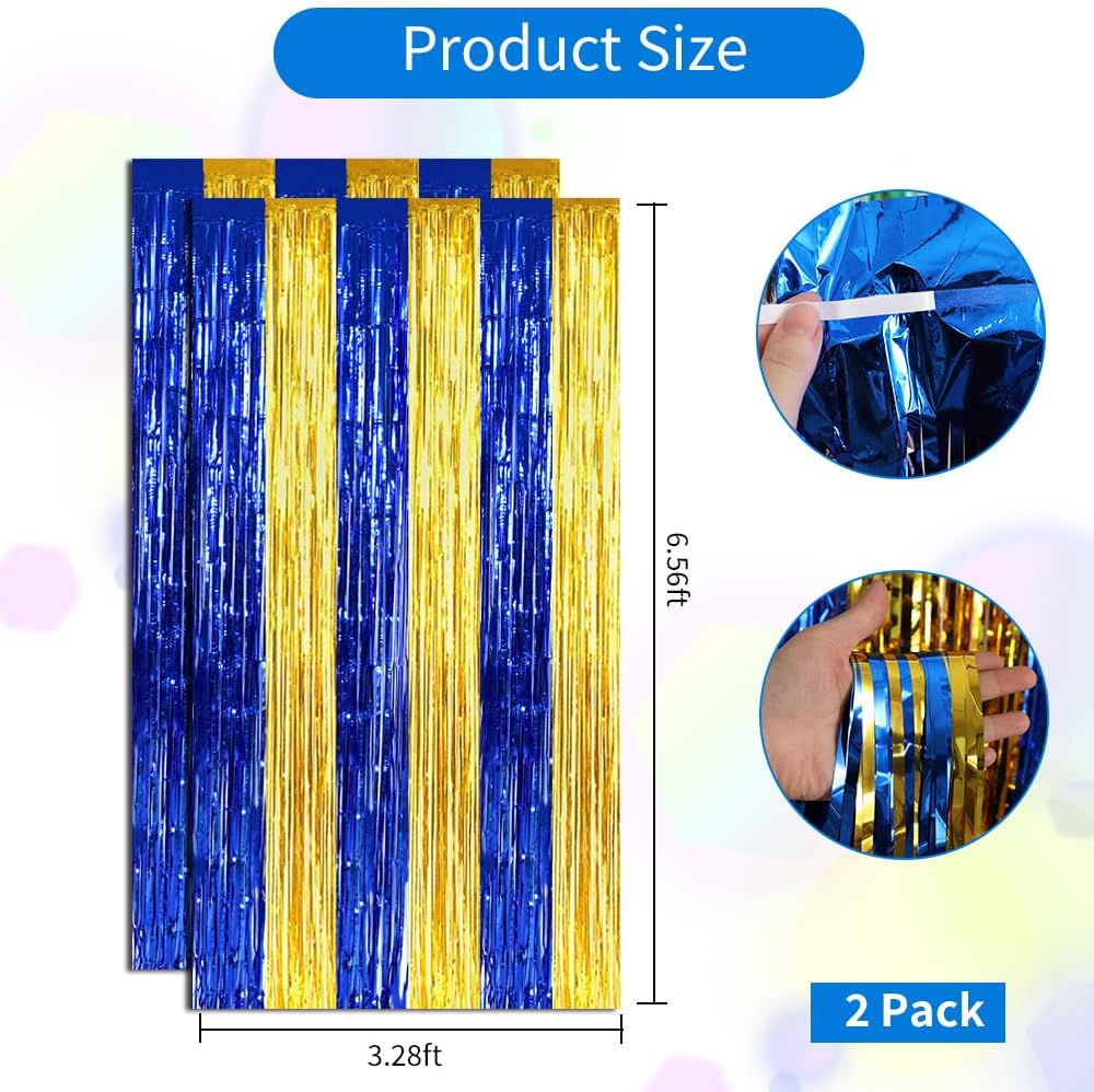 BEISHIDA 2Pcs Blue Gold Door Streamers Congrats Grade 2025 Decoration Backdrop Foil Fringe Tinsel Party Streamers Curtains Backdrops for Birthday 2025 Graduation Baby Shower(3.28 ft x 6.56 ft)