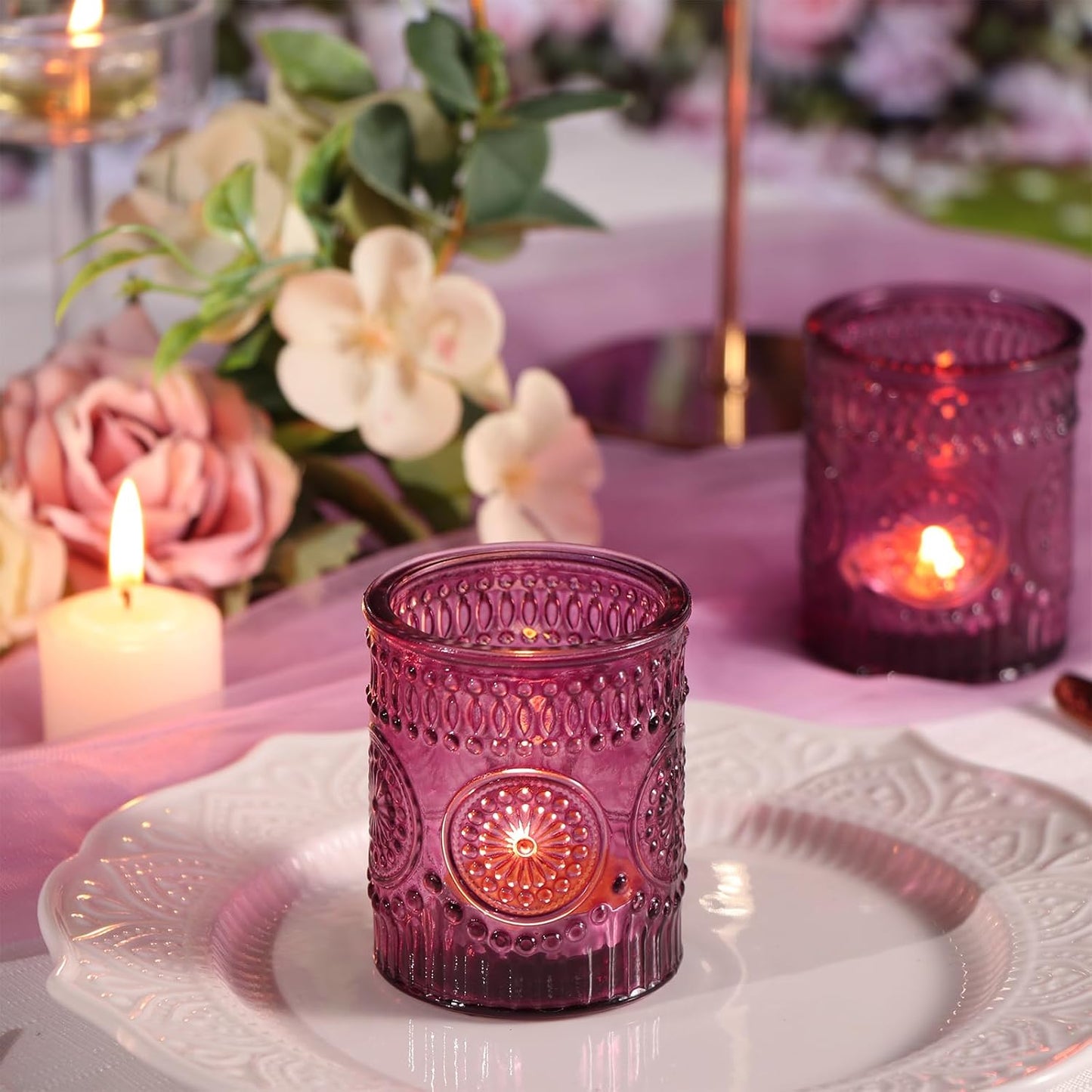 DARJEN Purple Votive Candle Holders Set of 36- Glass Tea Light Candles for Purple Candles, Embossed Candle Votives for Wedding Table Centerpiece, Party & Home Decor