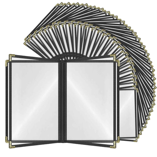Goodsmart Restaurant Menu Covers – 25 Pack Black 8-View Booklet 8.5" x 14", Side-Loading Vinyl & Plastic Menu Holders, Clear Menu Sleeves, Leather-Style Café Covers with Gold Corners