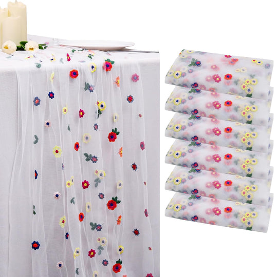 BINBE 6pcs Ivory Daisy Fall Table Runner Embroidery Gauze 10FT Florals Seasonal Tulle Holiday Birthday Kitchen Dining Table Decor for Home Party