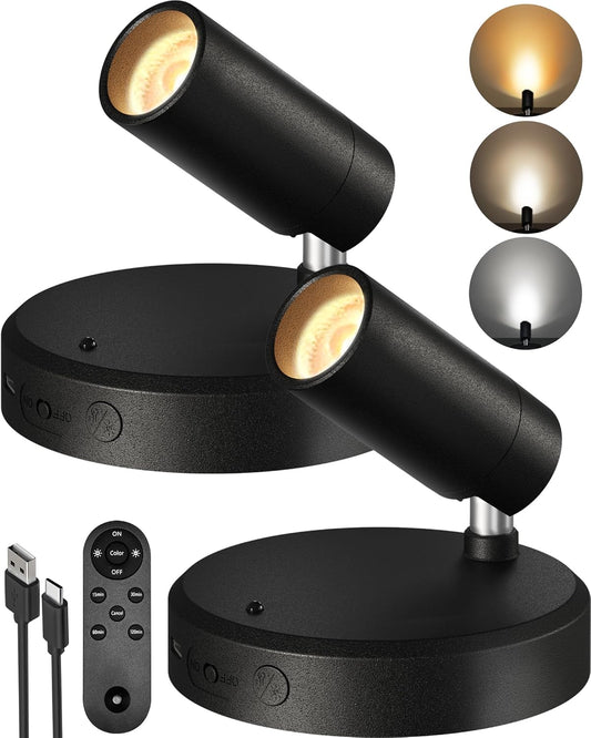 EZVALO Spotlights Indoor with Remote, 5500mAh Rechargeable Picture Lights, Wireless LED Uplighting with Timer＆Dimmable, 3CCT, Display Lights for Plant Painting, Artwork, Accent Lighting (2Pack-Black)