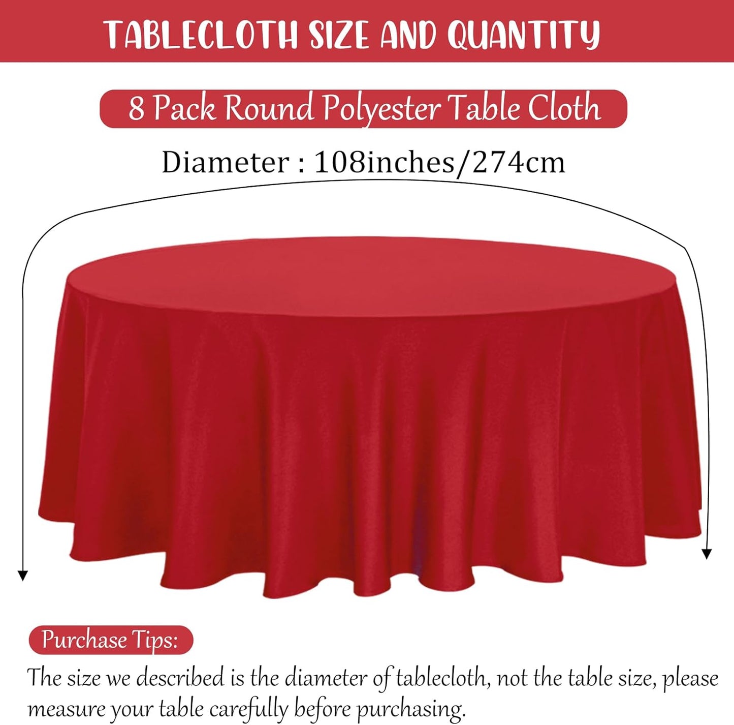8 Pack Premium Round Tablecloth - 108 Inch Red Table Covers - Bulk Washable Polyester Fabric - Wedding Party Reception Banquet Buffet Restaurant
