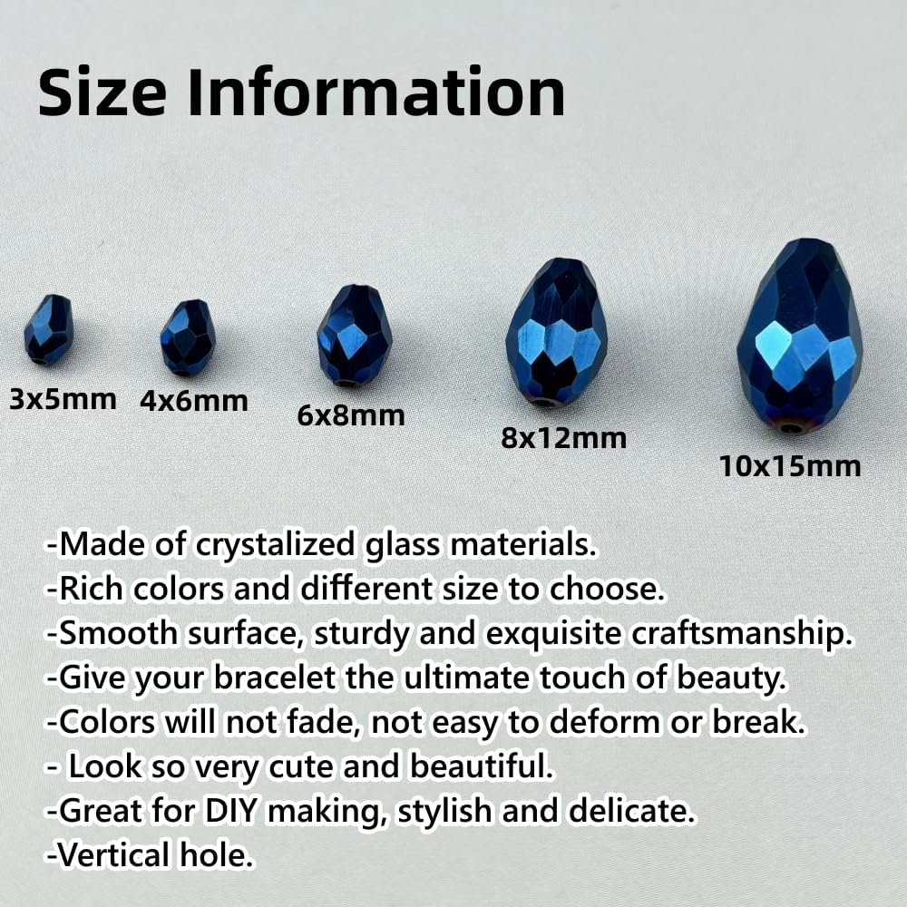 130pcs 6x8mm Teardrop Crystal Glass Beads for Jewelry Making, Faceted Vertical Hole Teardrop Glass Spacer Beads for Wind Chimes Bracelet Earring Necklace DIY Craft(Blue Light)