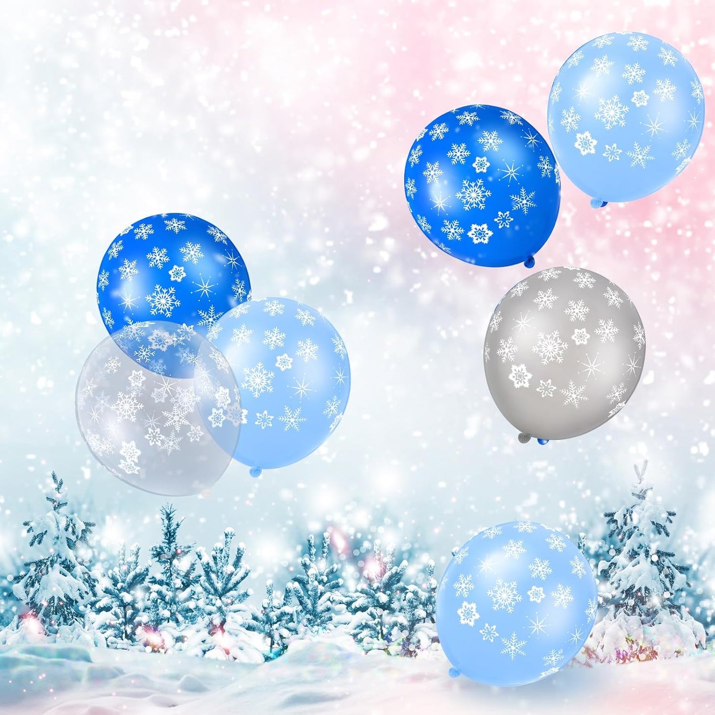 Skylety 40 Pieces Snowflake Balloons Bulk Winter Transparent Snowflake Latex Balloons for Christmas Birthday Wedding Party Decorations(Blue, Macaron Blue, Silver, Clear)