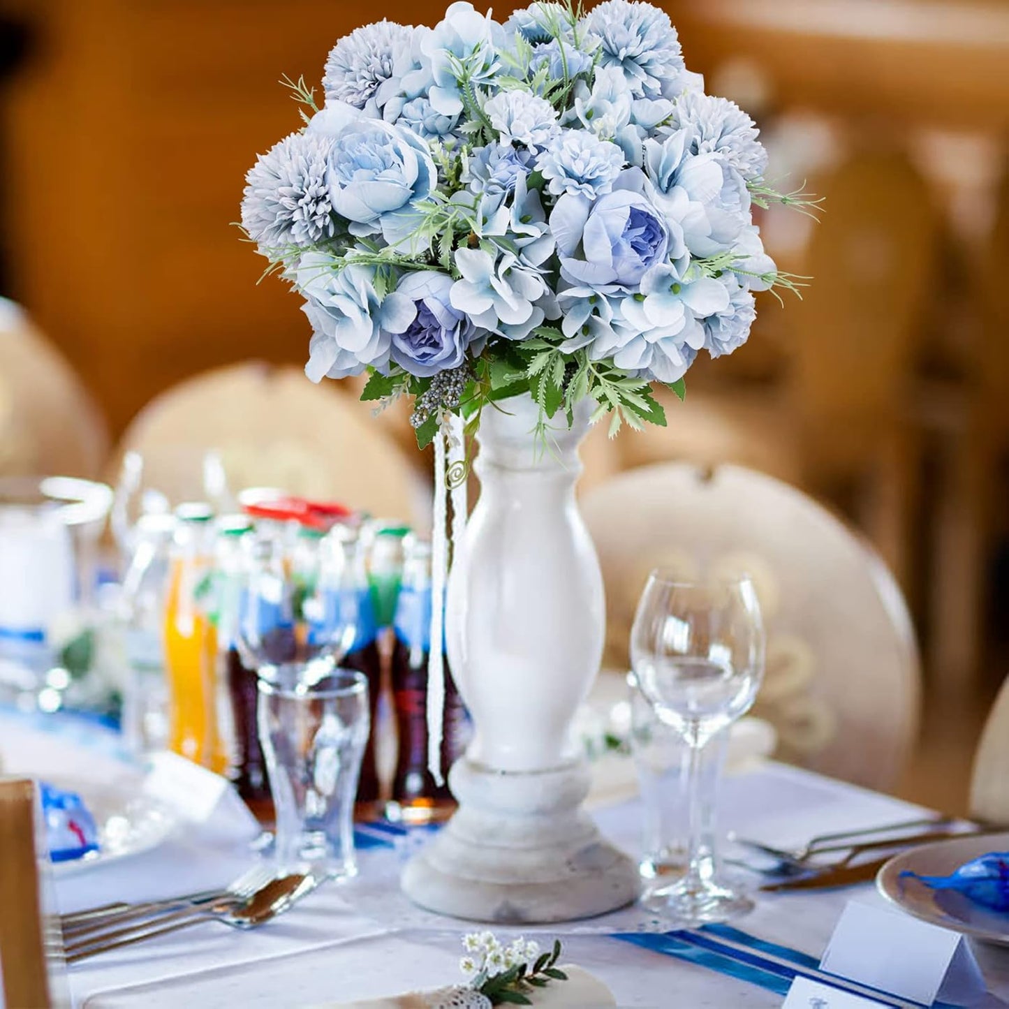 6 Pack Artificial Flowers, Fake Faux Peony Silk Hydrangea Plastic Carnations Daisy Realistic Flower Arrangements for Wedding Decoration Table Centerpieces, for Home Office Party Decor (Blue)