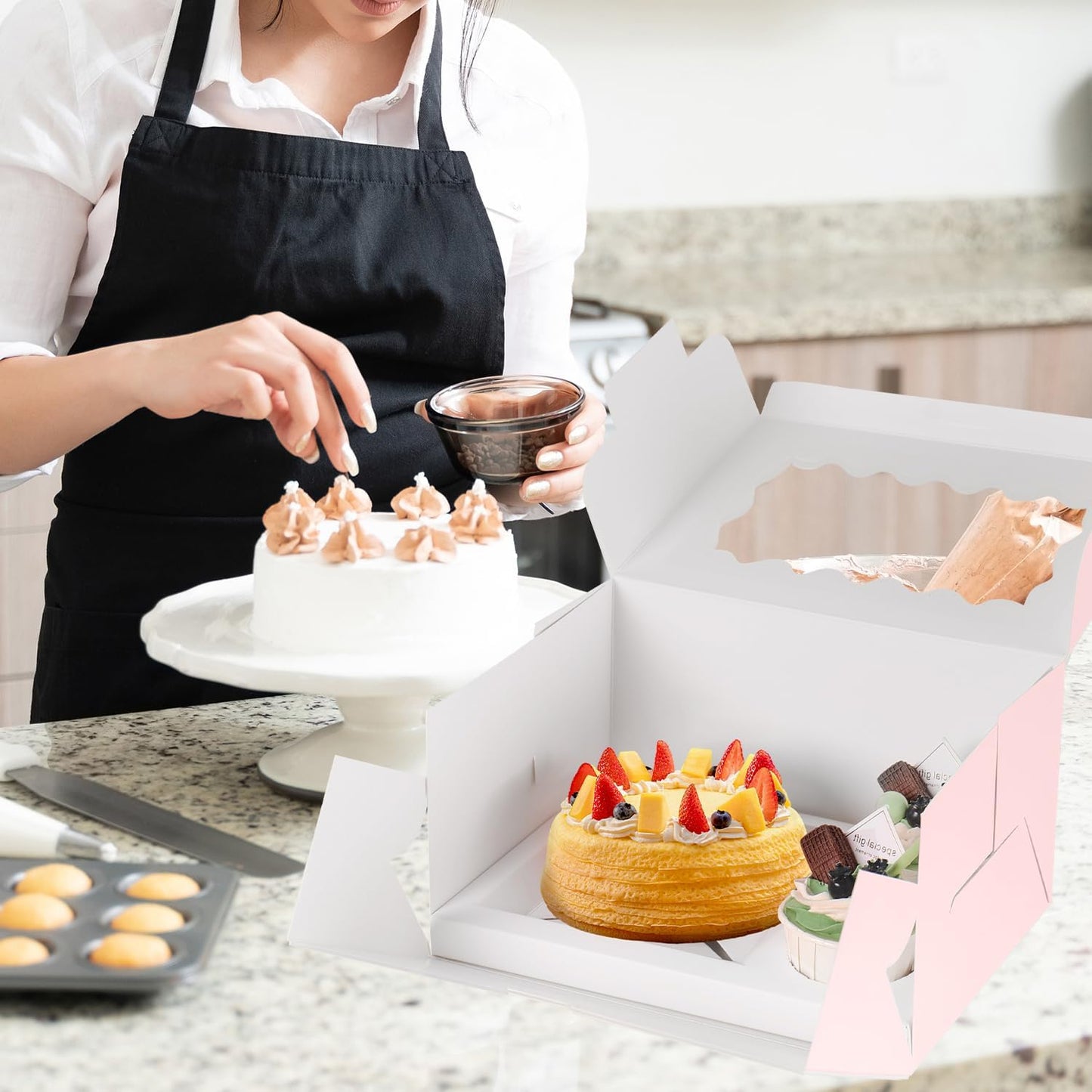 JCD 8Pcs Pink Cake Cupcake Combo Boxes Clear Lid with 2 Cupcake Holes -Clear Window Bento Cake Boxes for Bakery Baking Supplies(Pink 1+2/8Pcs)