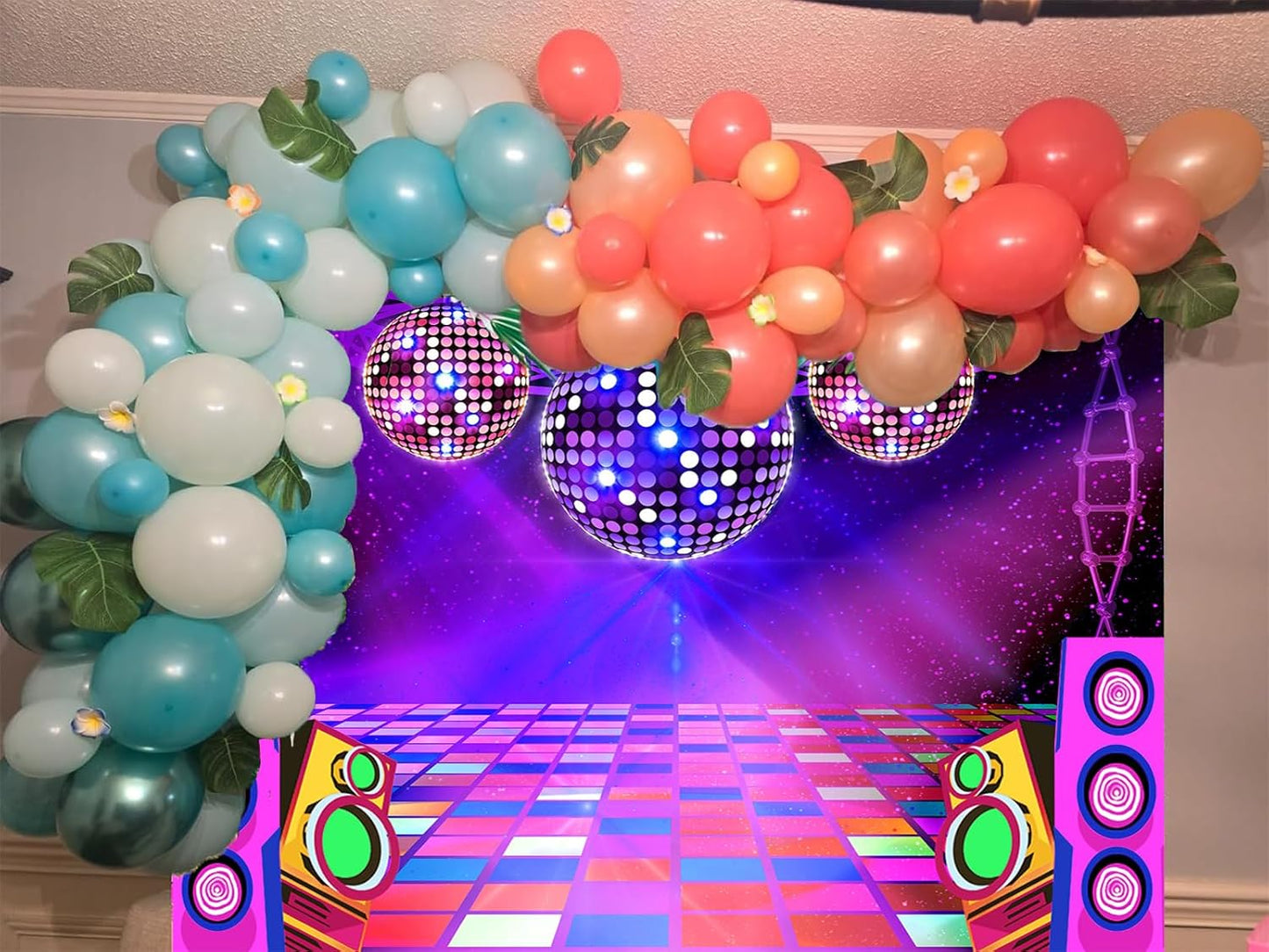 Dance Party Backdrop Retro 80s 90s Theme Stage Dance Ball Music Birthday Party Decoration DJ Photography Background 8 x 6 ft for Baby Shower Picture Photo Shoot Polyester Fabric, Blue