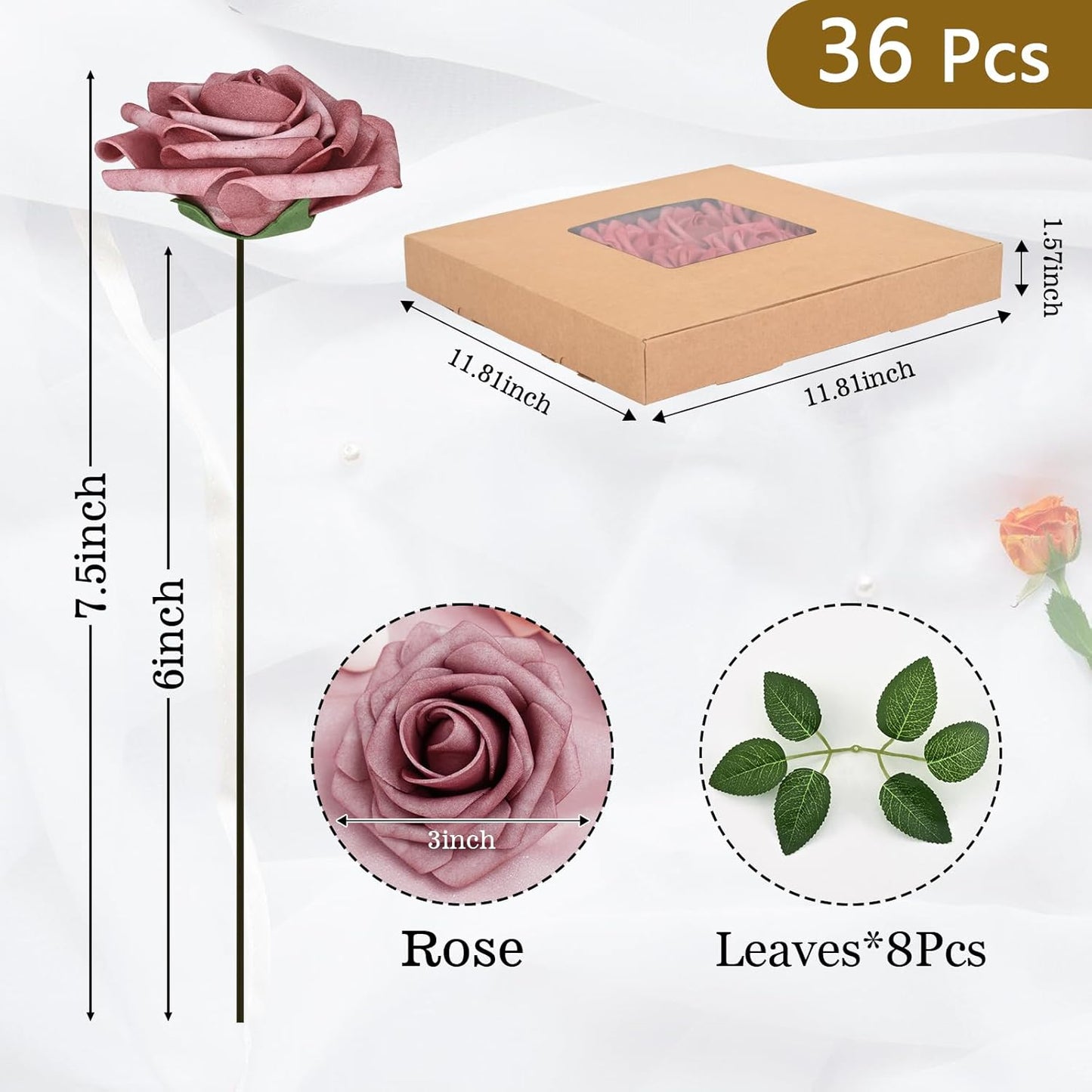BLEUM CADE 36Pcs Artificial Flowers Fake Roses with Stems, Gradient Dusty Rose Boxed Foam Roses for DIY Bouquets Centerpieces Wedding Party Arrangement Bridal Shower Decor