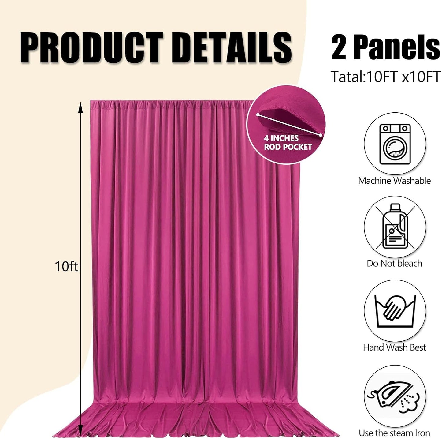 10ft x 10ft Fuchsia Backdrop Curtains for Parties, Fabric Satin Background Curtain with Rod Pockets for Weddings, Birthday, Baby Shower, Photography, Graduation Party Backdrop Drapes, 2 Panels