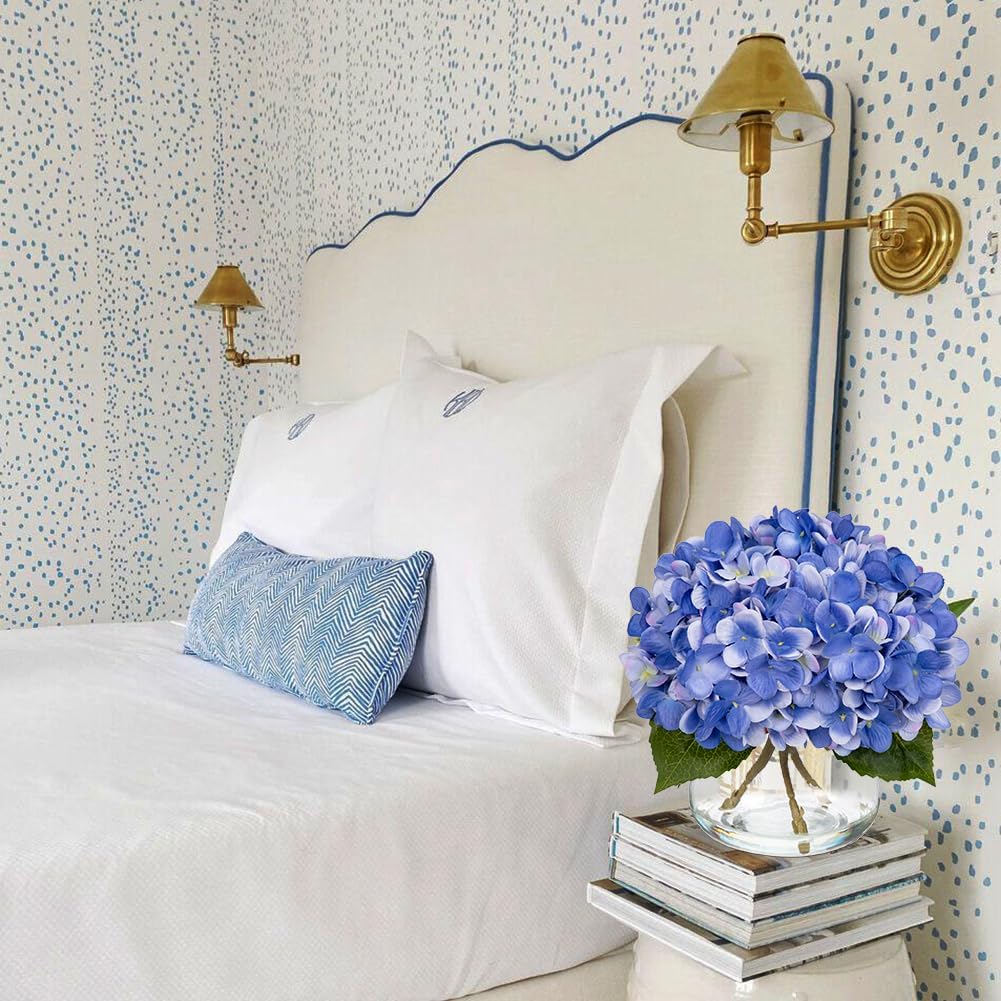 Hollyone Hydrangea Artificial Flowers with Vase Slate Blue Silk Fake Flowers Arrangements Floral Bulk Bouquet in Glass Vase with Faux Water for Home Bathroom Office Table Centerpiece Shelf Decorations