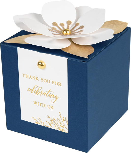 FEIYI 20 PCS Navy Blue Gift Boxes, 3 In 1 Favor Boxes with Floral Decor, White Thank You Tags Cupcake Containers Gift wrapping for Wedding, Baby Shower, Birthday, Decorations Party - 3.55x3.55x3.55