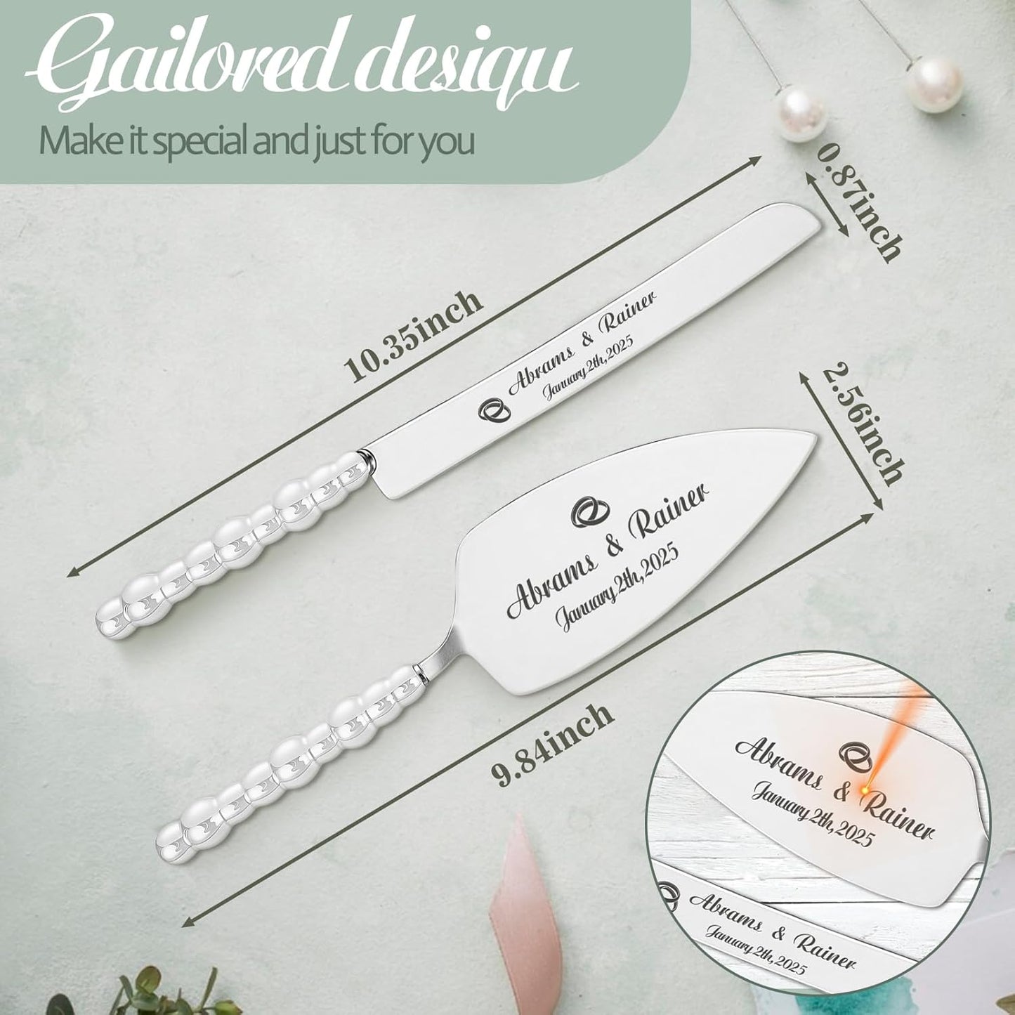 HJX Personalized Wedding Cake Knife and Server Set - Custom Name Engraved Cutting Set with Elegant Gift Box, Ideal for Bridal Wedding Anniversary Birthday Gifts (Pearl handle)