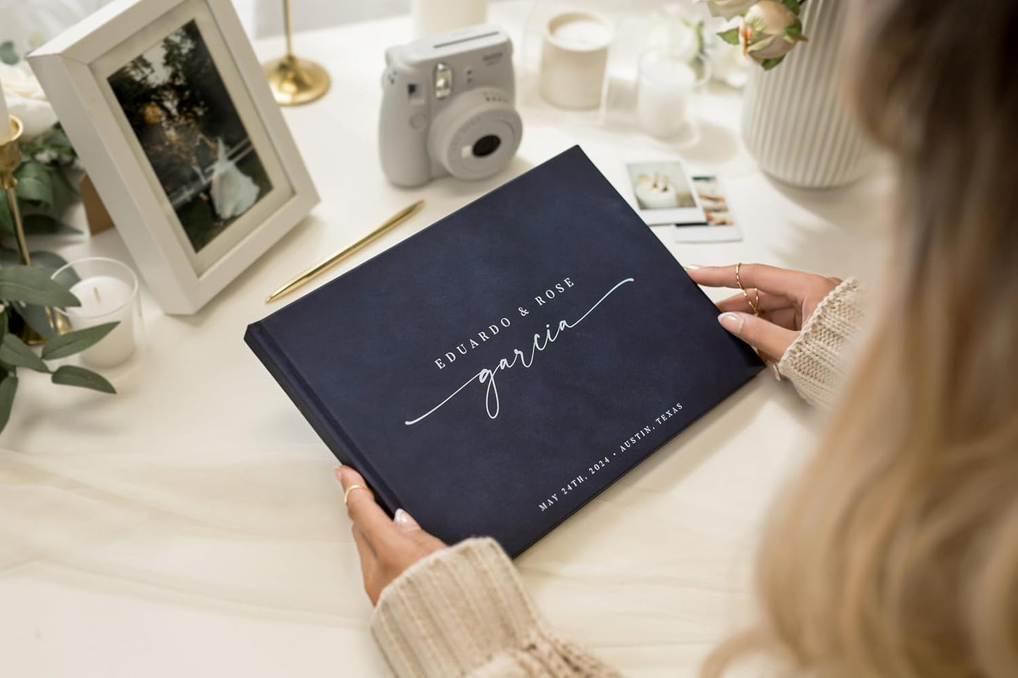 Personalized Guest Book - 11.5" x 8.5" Custom Bride & Groom Names with Bookmark and Hard Cover 140 GSM Blank Pages, for Weddings Guest Book, Engagements, Birthdays, Special Events, Navy