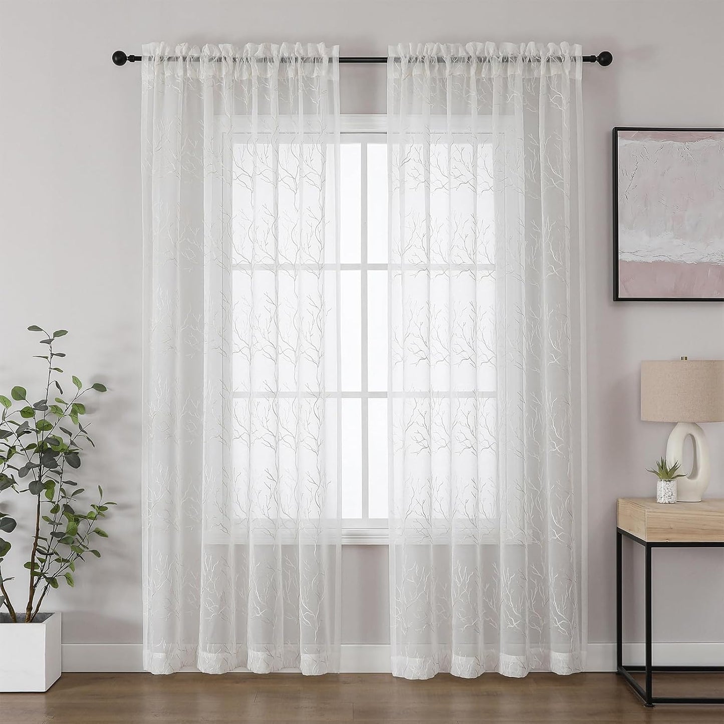 VISIONTEX Sheer Curtains 63 inch Length 2 Panels Set, Decorative Beige Coral Embroidery, Rod Pocket Embroidered Window Drapes for Living Room and Bedroom, 54" x 63"