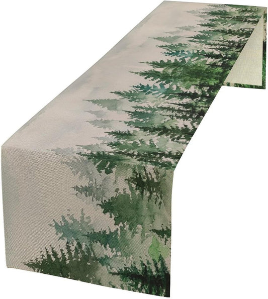 Foggy Forest Table Runner,Green Forest Natural Landscape Table Runner for Kitchen Dining Table Home Party Decoration 13x90 Inch
