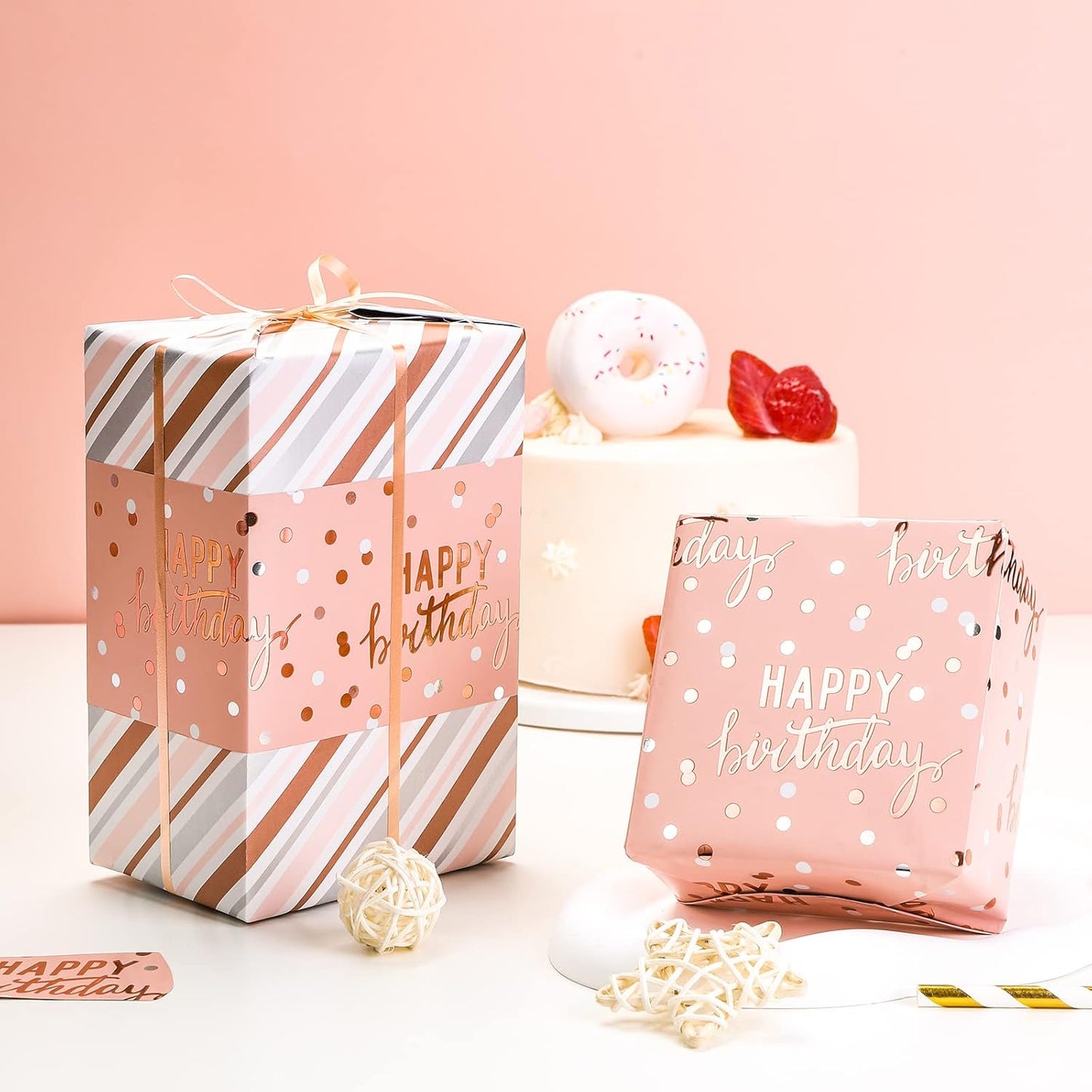 LeZakaa Reversible Pink Birthday Wrapping Paper Roll for Girls Women, Happy Birthday Lettering & Stripe Pattern with Metallic Foil in Pink, Large Roll, 30 inches x 32.8 Feet (92.9 sq.ft.)