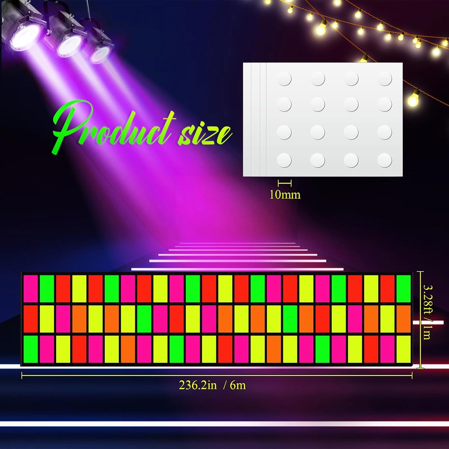 Haull 236 x 39 Inch Neon Light up Dance Floor Glow in The Dark Floor Runner Neon Party Decorations UV Blacklight Reactive Fluorescent Wall Props for Glow Disco Party Favors(Rectangles)