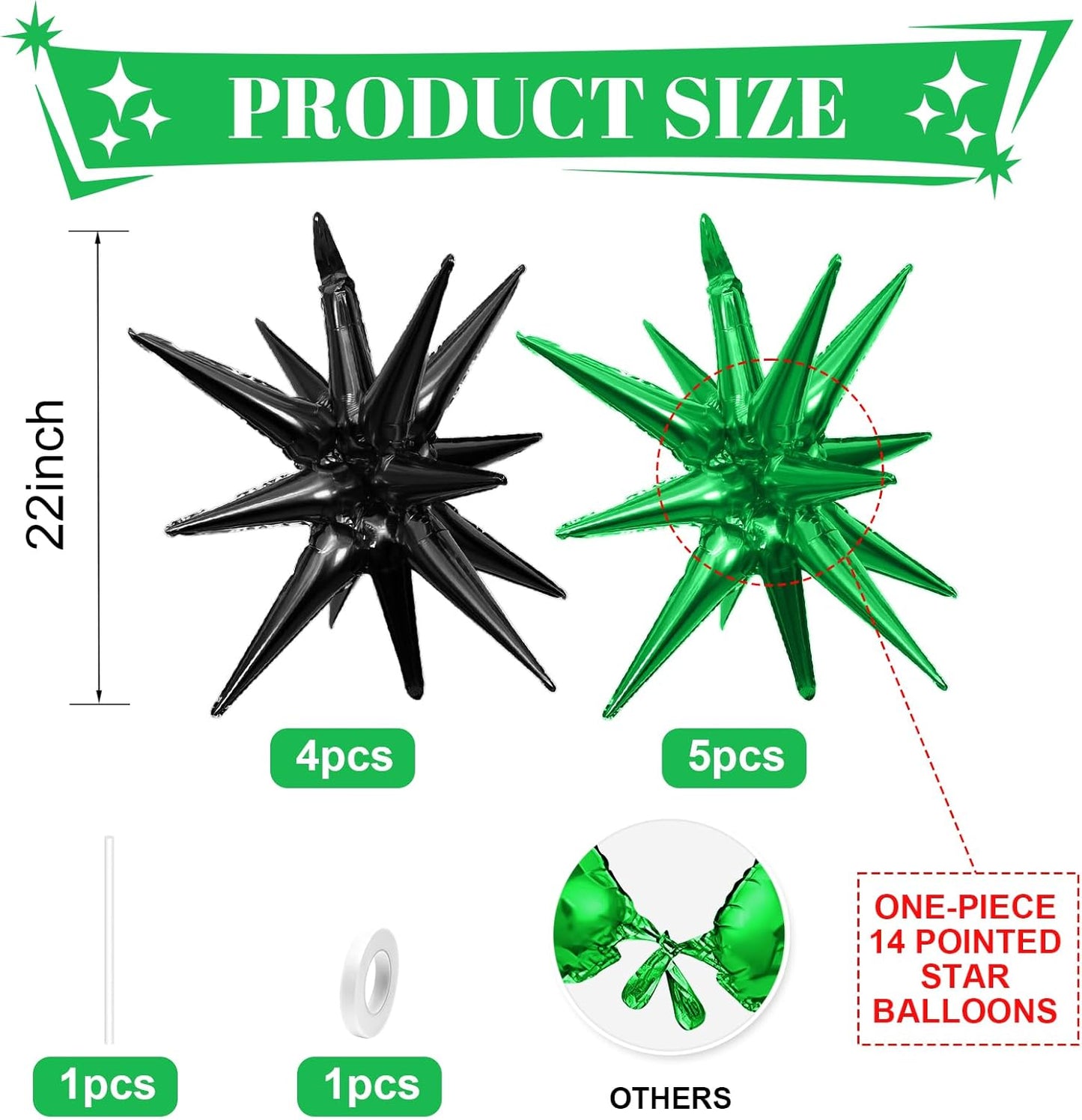 Black Green Star Balloons,9Pcs 22Inch Black Green Explosion Spike Cone Helium Polyester Film Star Foil Balloons for Birthday Anniversary Baby Shower Disco Party Decorations