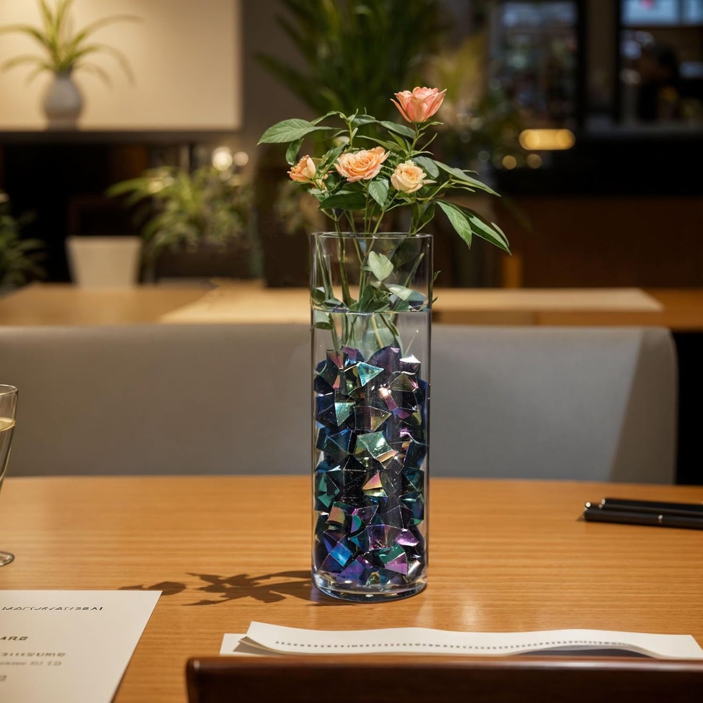 DomeStar 150PCS Iridescent Black Fake Ice, 2.5Cups Acrylic Gems Crystals Black Purple Rocks Diamonds Vase Centerpiece for Vase Fillers Party Table Scatter Wedding Food Display