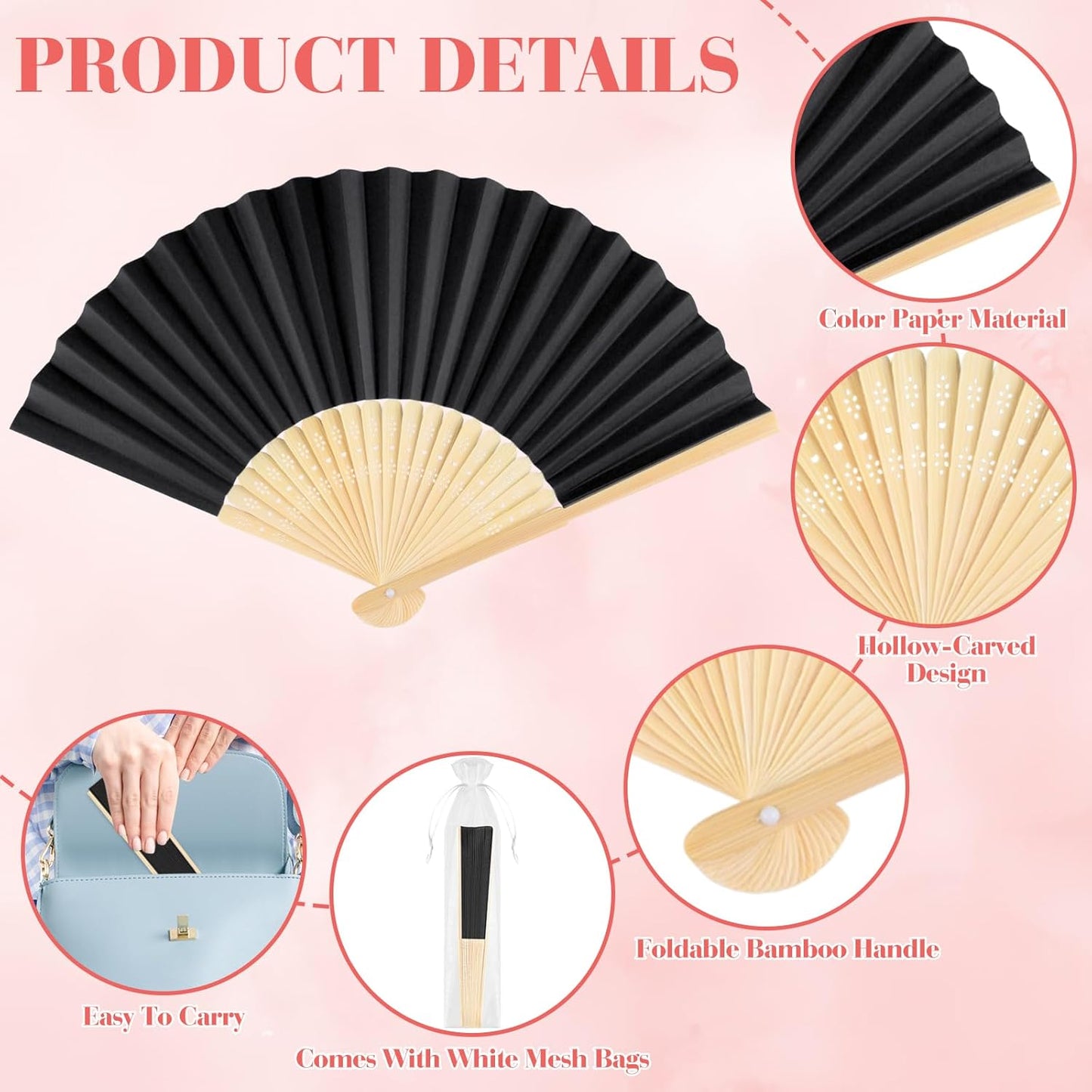48 Pieces Black Hand Held Bamboo Folding Fans Paper Fans Handheld for Women Foldable Girls Wedding Decoration Church Home Party Favors Summer