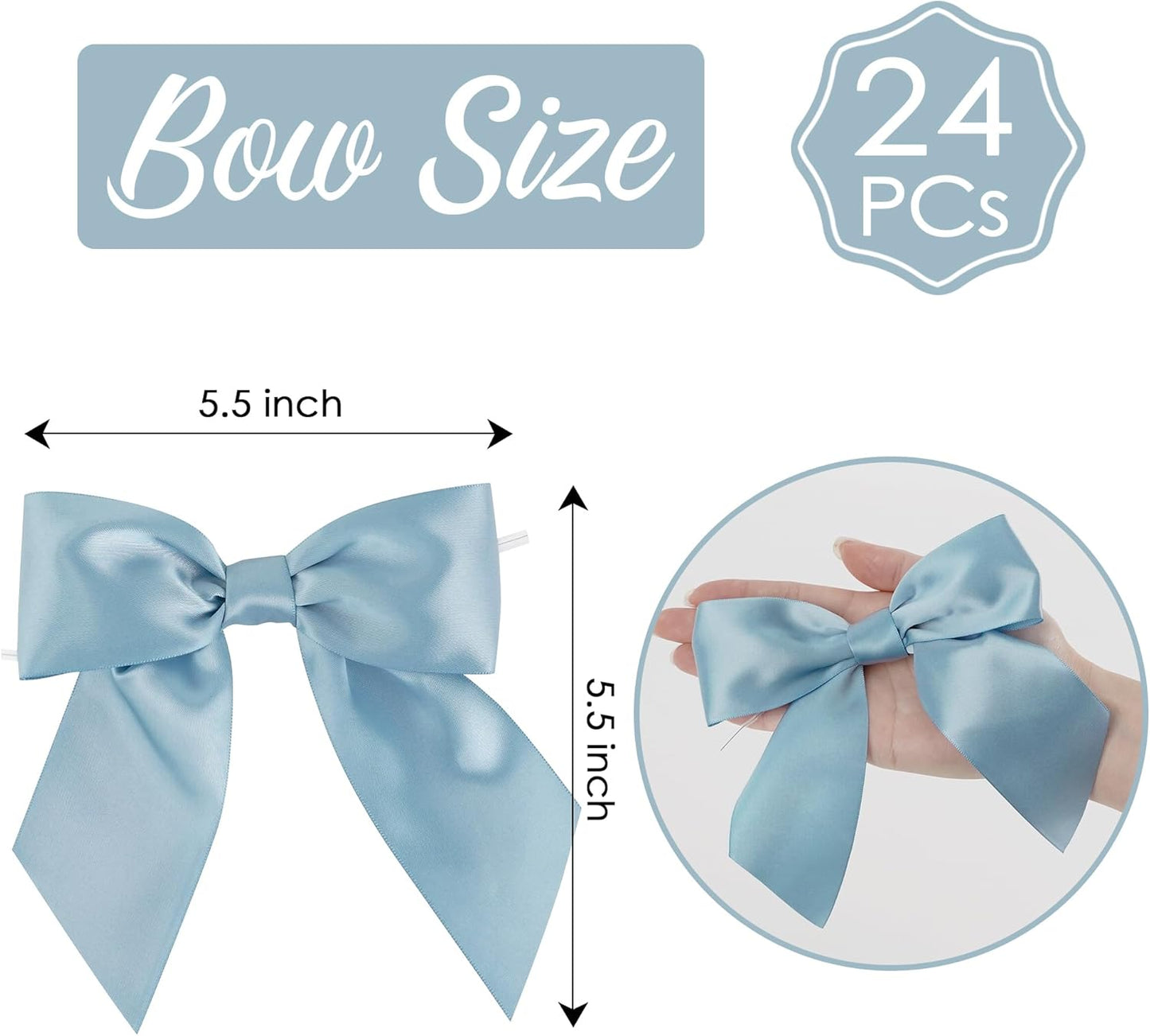 AIMUDI Dusty Blue Satin Bows 5.5" Bows for Gift Wrapping Satin Twist Tie Bows Premade Ribbon Bows for Treat Bags Invitations Baskets Wreaths Crafts Wedding Birthday Baby Shower Decorations, 24 PCs