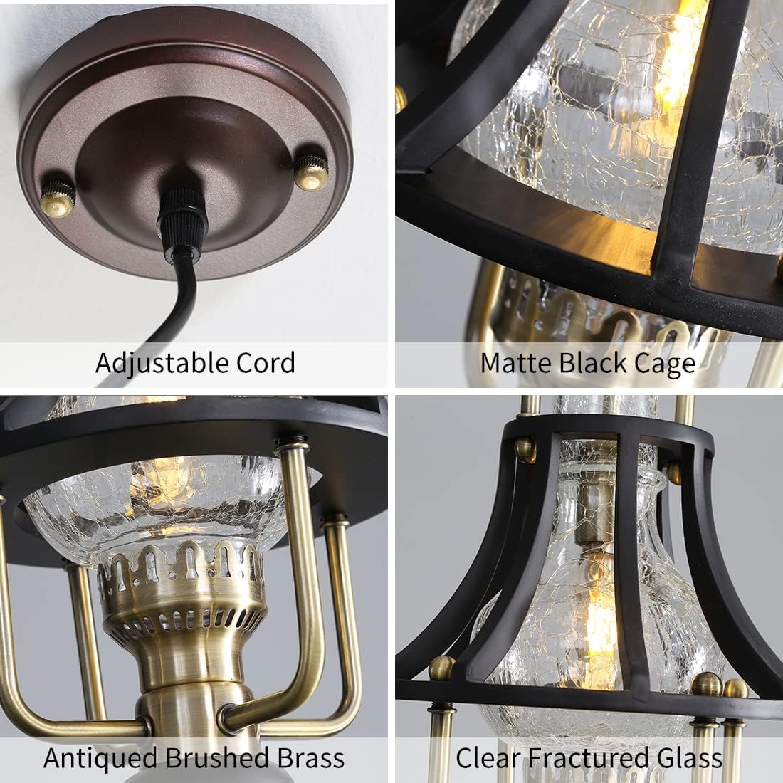 Farmhouse Chandelier Modern Hanging Light, Vintage Rustic Pendant Lights Fixture, Crackle Glass Shade, Wood & Metal Cage Base for Living Room Dining Room Foyer Kitchen Island Bedroom