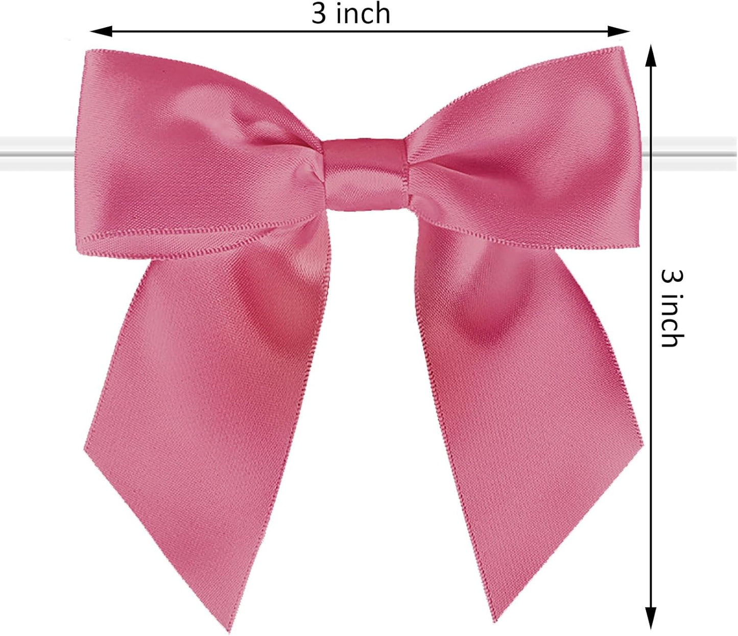 114 Pack Twist Tie Bows for Treat Bags 3" Hot Pink Satin Ribbon Bows for Package Craft, Gift Wrapping Decoration, Candy Bags, Bakery Bags, Wedding, Baptism, Tableware Decor Party Decoration