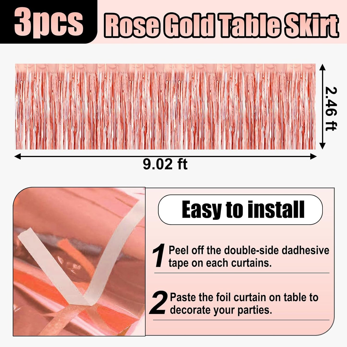 3 Pack 29x108 Inch Rose Gold Foil Fringe Table Skirts Metallic Banner for Tinsel Streamer Garland Backdrop for Parade Floats Wedding Thanksgiving Birthday Christmas Halloween Party Decoration