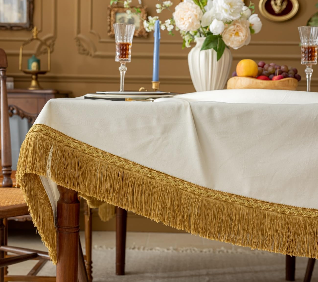 F-CHU White Tablecloth Thickset Velvet Tablecloth with Beautiful Gold Tassels Vintage Table Cloth for Home Decor Wedding, Party, Banquet and Events 60x86-Inch
