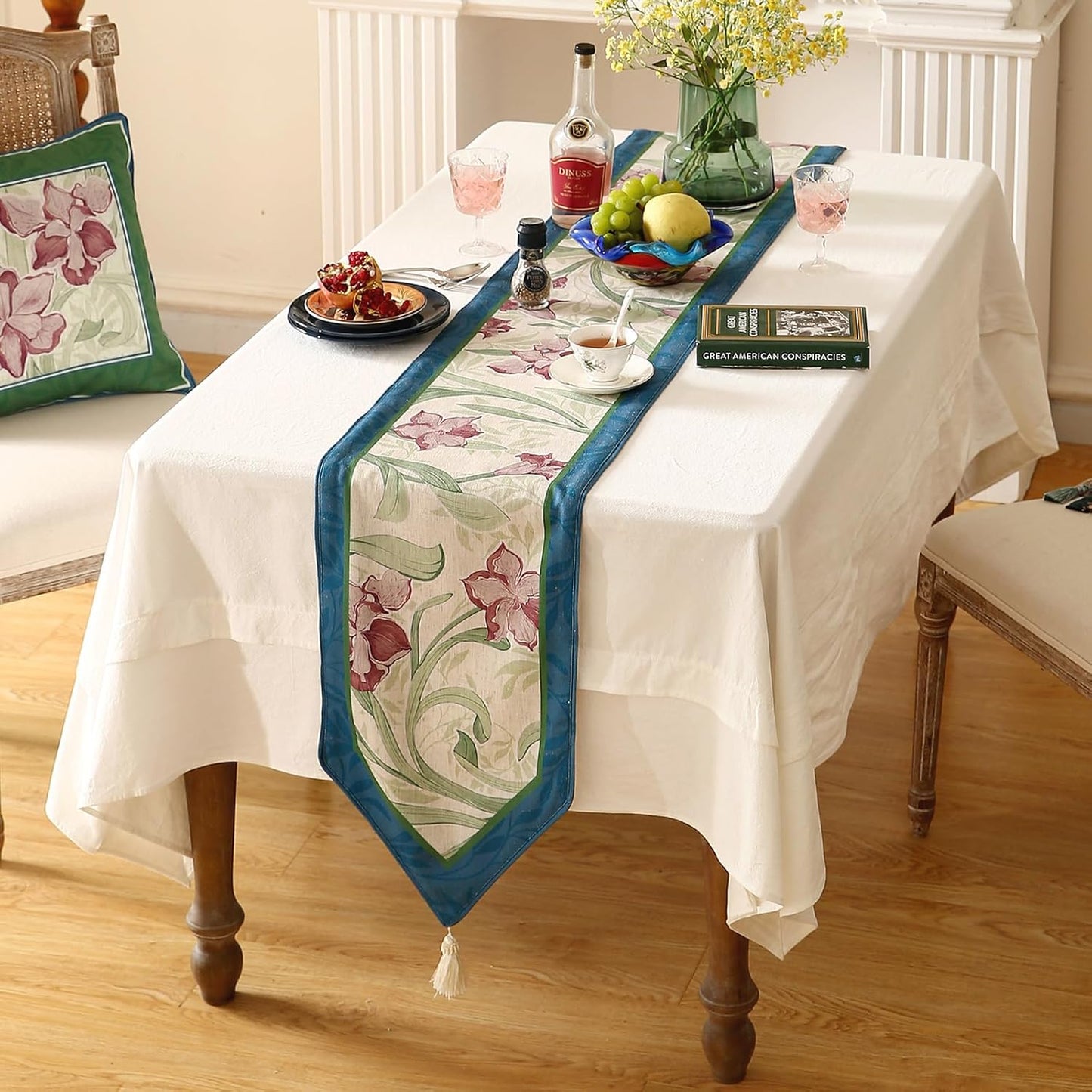 patdrea Designer Elegant Bright Linen Extra Long Table Runner 118 Inch Long, Mauve Iris Floral Pattern Table Mat, Decoration for Kitchen Dining Coffee Table Cabinet Banquet Christmas ,12"*118"