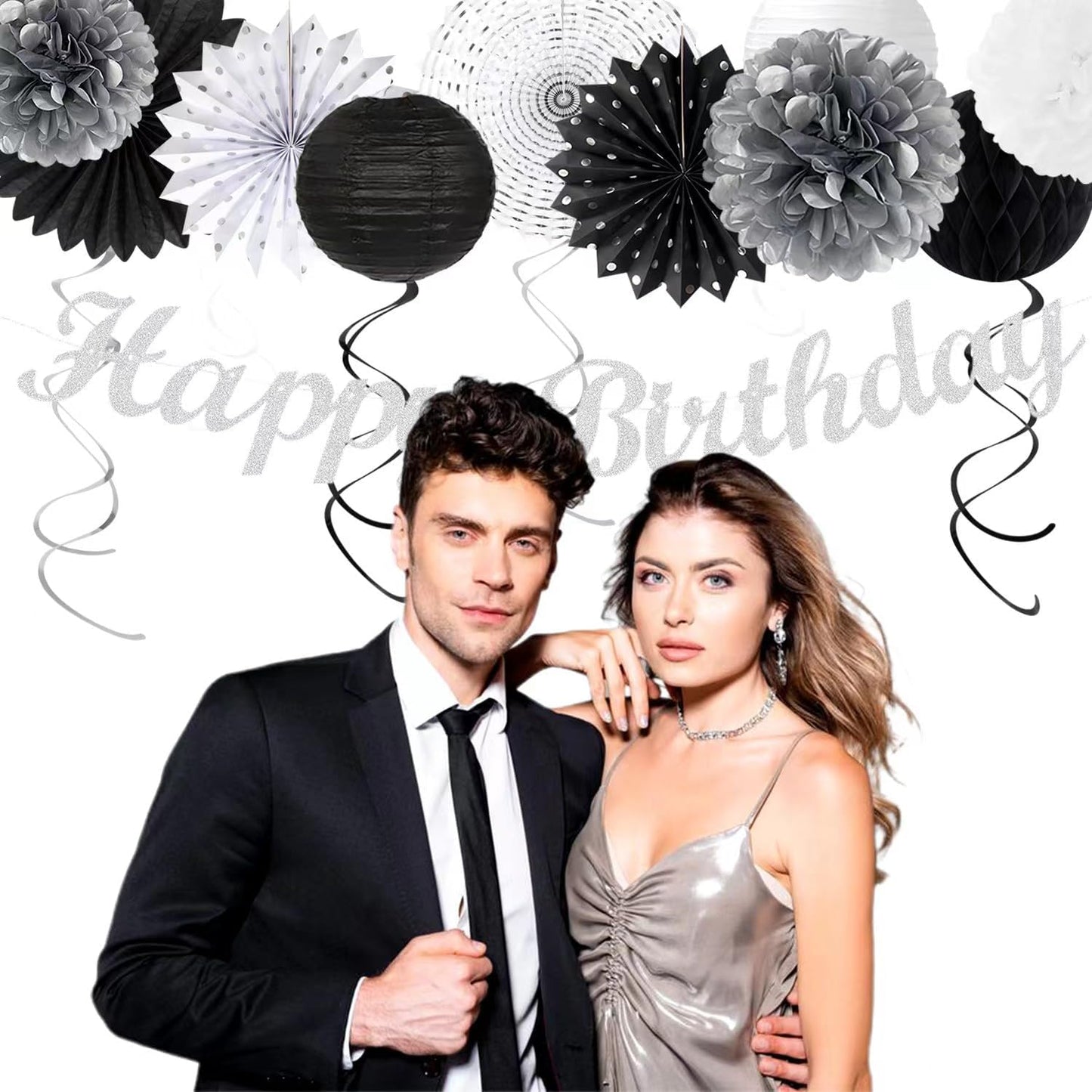 Black White Silver Birthday Party-decorations - 21pcs Boys Men Happy Banner,Paper Streamers Lanterns Honeycomb,Tissue Pom Poms Fan,Adult Supplies Decor 16th 20th 40th 45th 50th 60th Huglony