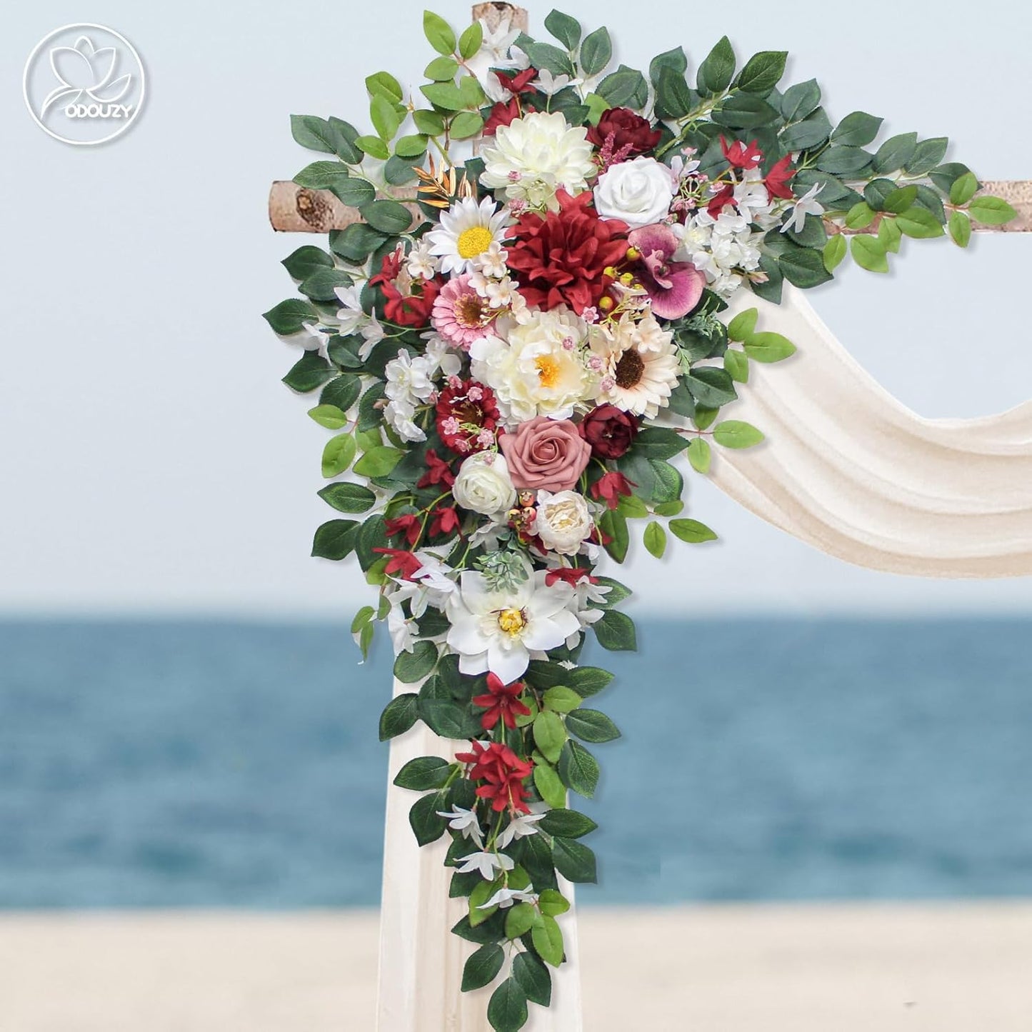 Wedding Arch Flowers Kit,Artificial Flower Arch Decor (Set of 3),2pcs Artificial Flower Arrangement with 1pc Sheer Drape for Wedding Decor Reception Backdrop Floral Decorations (Wine Red)