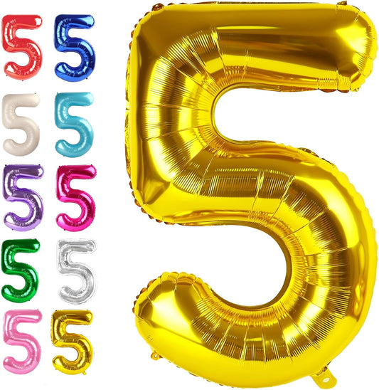 Large Gold 40 Inch Birthday Number 5 Balloon, Five 5th 15 25 35 50 55 Birthday Anniversary Celebration Decorations, Foil Mylar Helium Numbers 5 Balloons Girl Boy Party Supplies