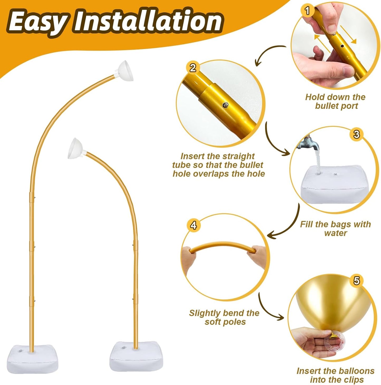 AerWo [Upgraded] Balloon Arch Kit 8.2ft+6ft, Gold Half Balloon Arch Stand with Base, Free Bending Top Curve Balloon Arch Frame Stand for Floor Birthday Wedding Halloween Decorations