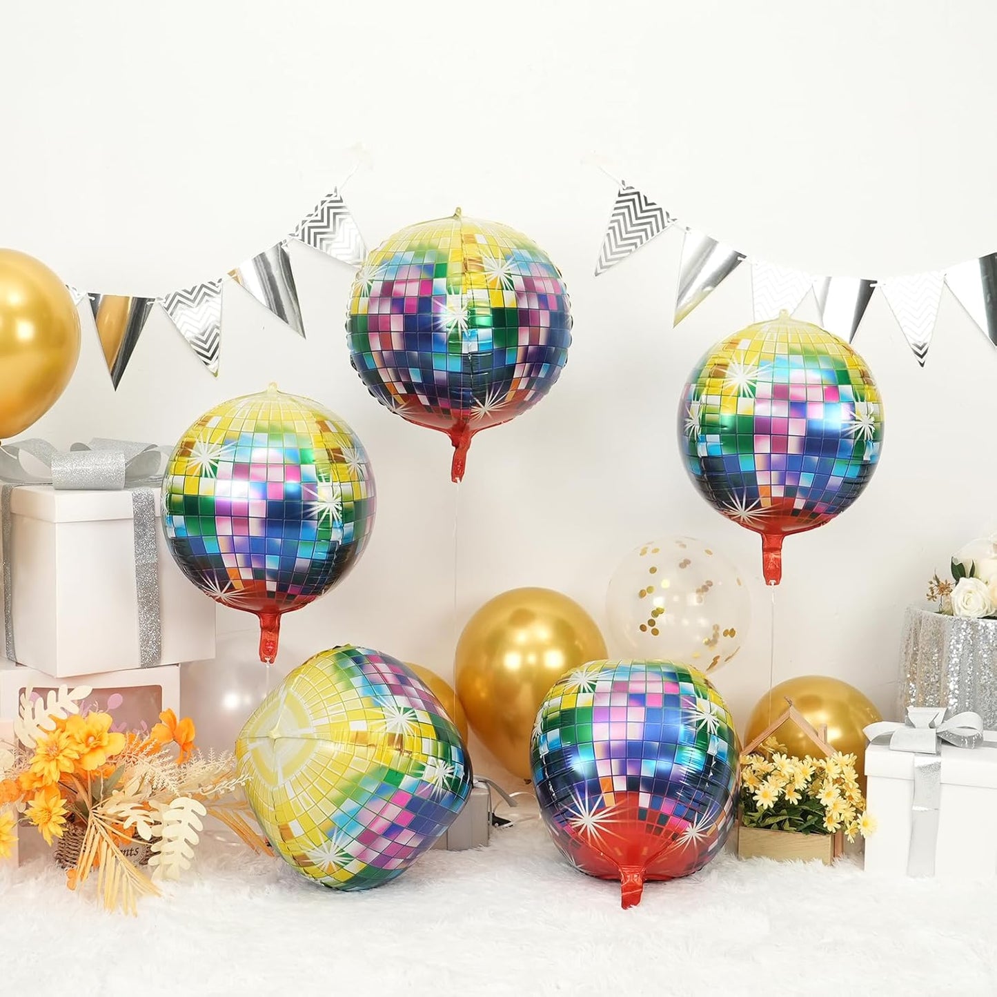 Disco Ball Balloons 4PC,Foil Disco Balloons 22 Inch 4D Round Balloon for 70s 80s 90s Birthday Bachelorette Decorations