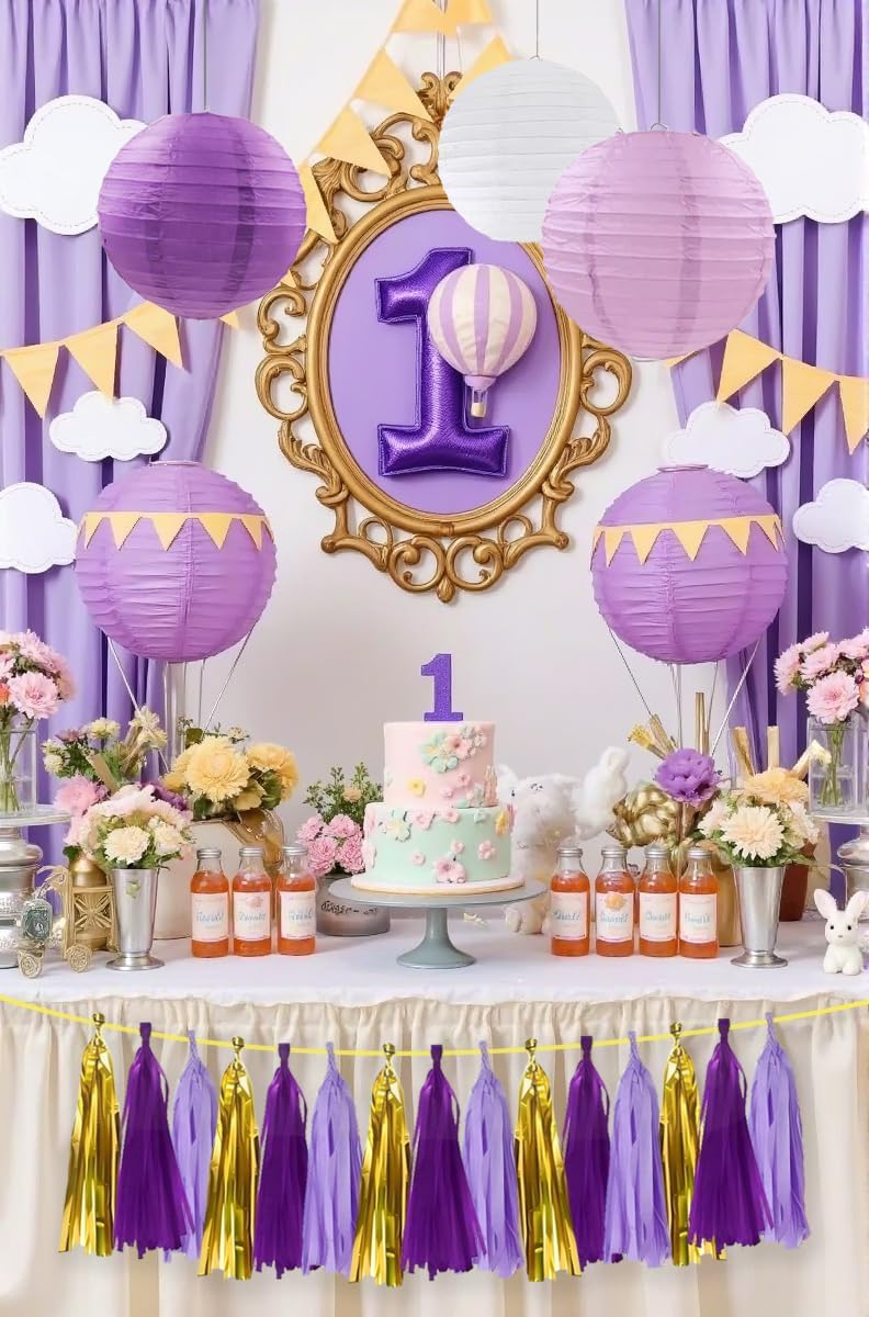 ZOOYOO Shiny Tassel Garland Tissue Paper Tassel Banner Table Decor,DIY Kits for Birthday,Wedding,Bridal Shower,Bachelorette,Graduation,Anniversary,Party Decorations,Pack of 15(Purple Gold)