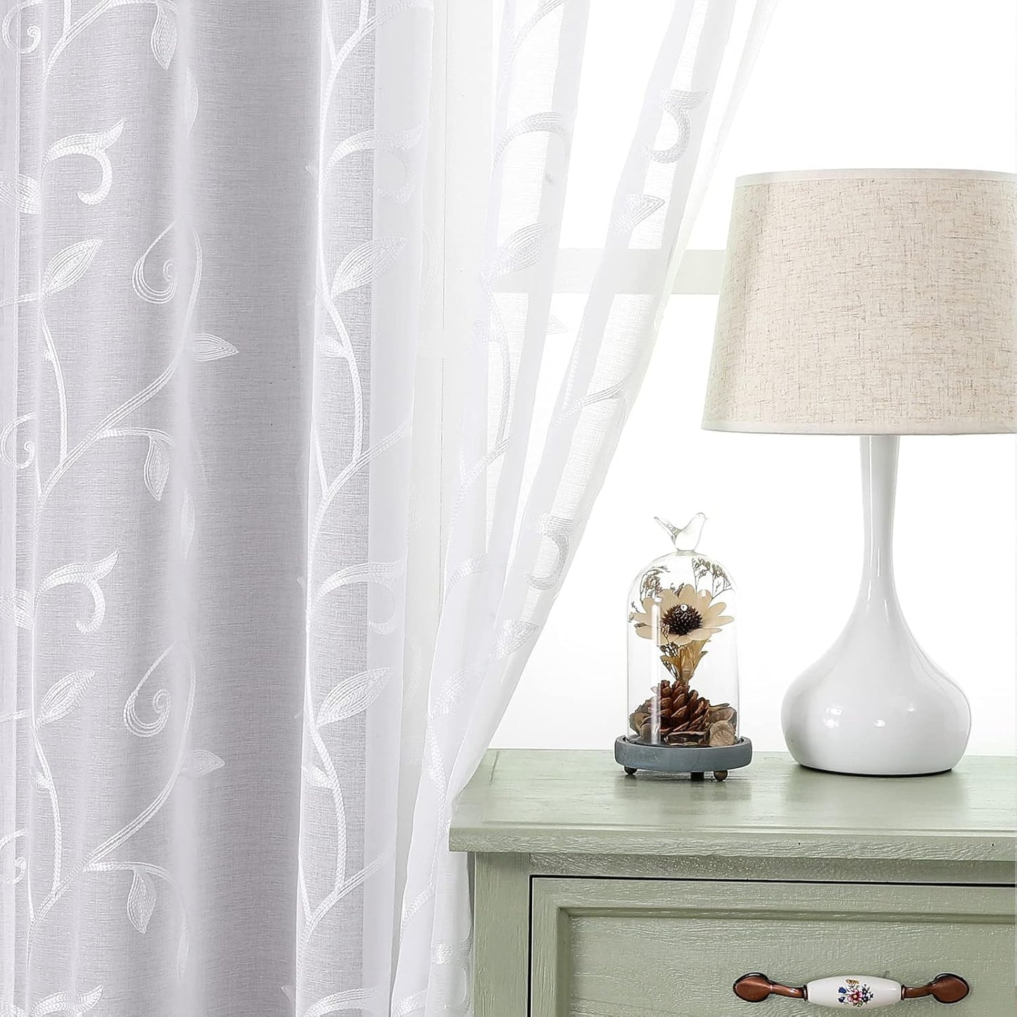 VISIONTEX White Sheer Voile Curtains, Decorative Leaves Embroidery Faux Linen Rod Pocket Window Drapes for Home Kitchen, Living Room and Bedroom 26 x 36 Inch, Set of 2 Curtain Panels