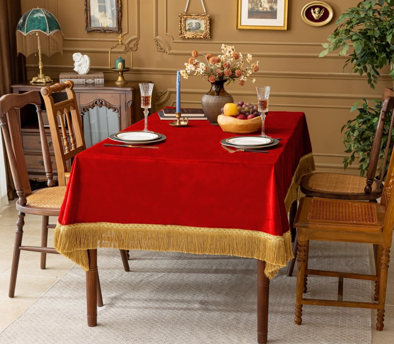 F-CHU Red Tablecloth Thickset Velvet Tablecloth with Beautiful Gold Tassels Vintage Table Cloth for Home Decor Wedding, Party, Banquet and Events 60x86-Inch