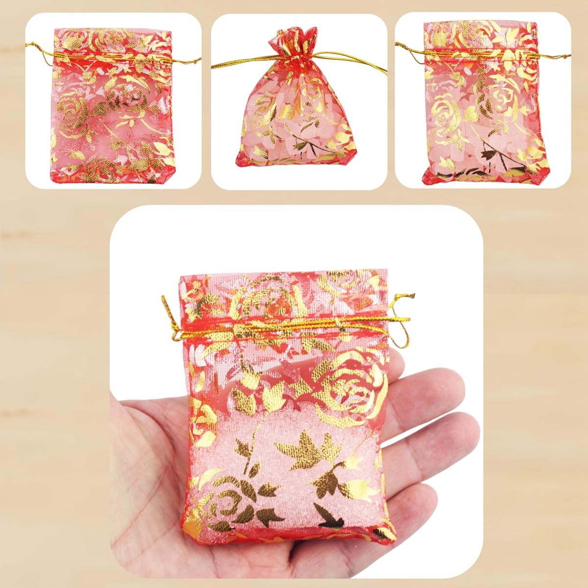 100 Pack 2.8 x 3.5 Inch Flower Heart Organza Jewelry Gift Pouch Candy Pouch Drawstring Wedding Favor Bags B511S (red gold flower)