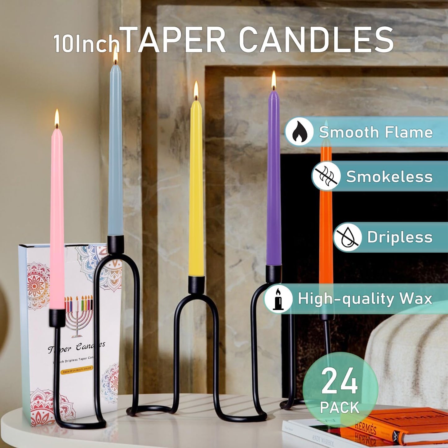 24 Pack 10" Tall Colored Taper Candles, Dripless Unscented Colorful Candlesticks for Birthdays Dinner Party Home Décor, Long Burning Spell Chime Candles for Meditation.