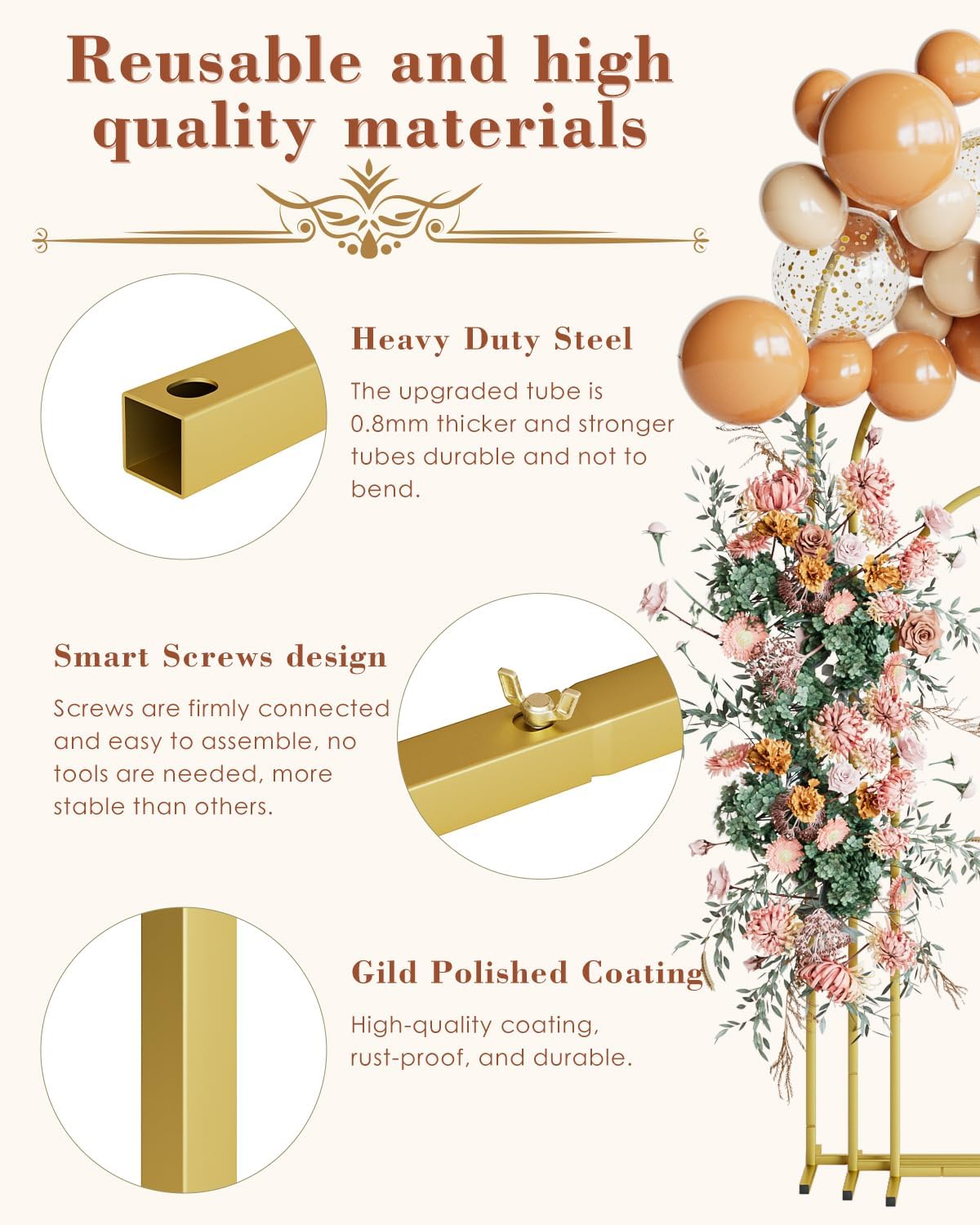 Wedding Arch Set of 3, Gold Metal Arch Backdrop Stand, Balloon Arch Stand Wedding Arch Frame for Ceremony Decoration (Gold, 6FT, 5FT, 4FT Backdrop)