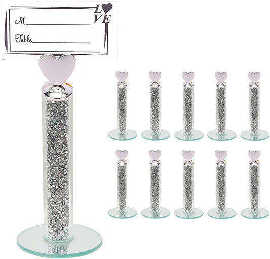 TACIDON 10Pcs Heart Table Number Holders with 10Pcs Table Numbers, Glamorous Crystal Crushed Diamond Place Card Holder, Table Card Holders for Home Wedding Dinner Party Events Decoration (Silver)