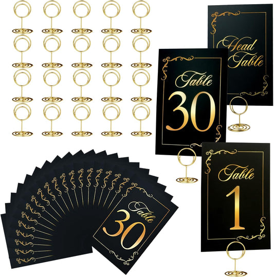 Wedding Table Numbers 1-30 with Head Table Card, Black & Gold Cards and Holders, 1 Set of 31 for Wedding Reception