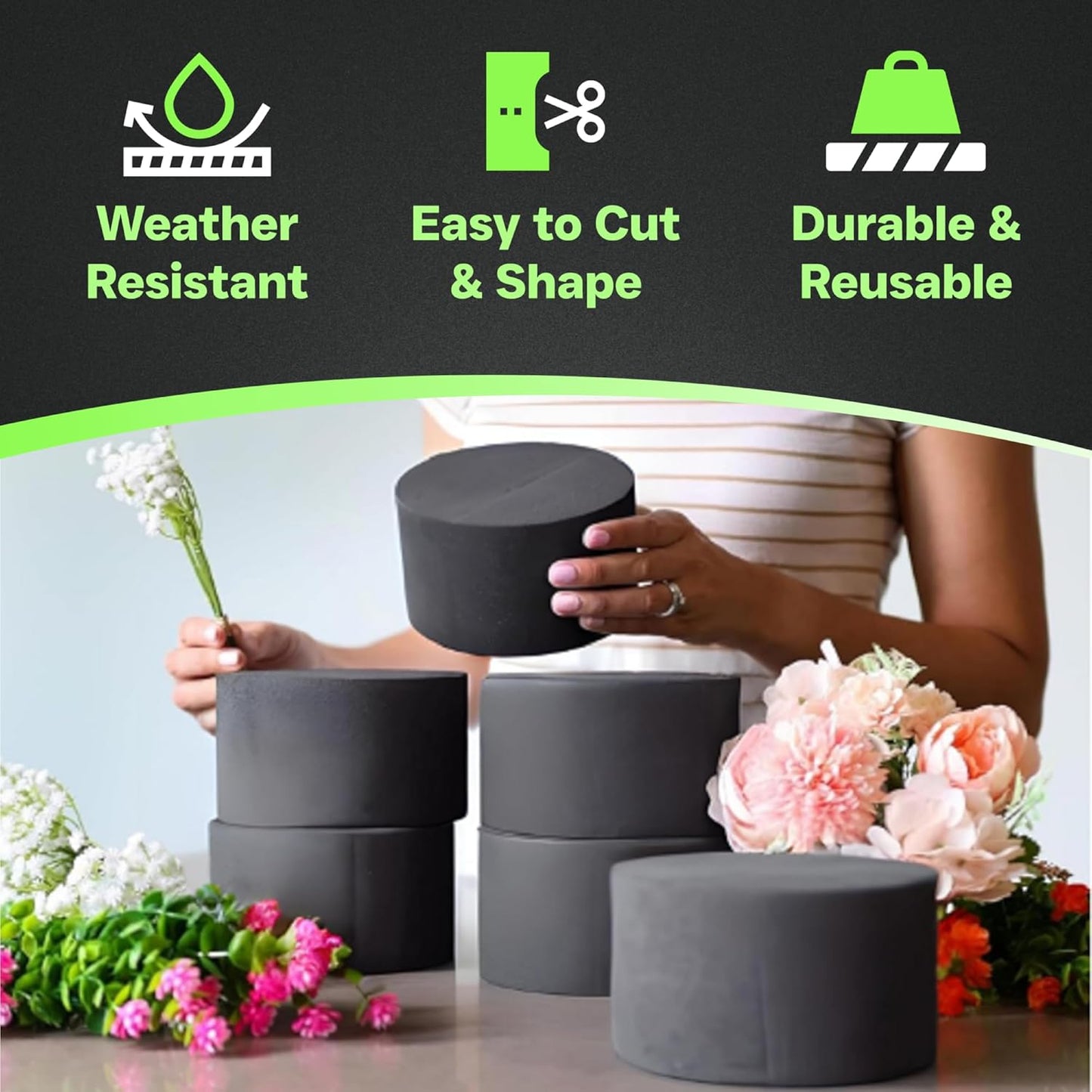 XCEL Floral Foam Blocks - Reusable, Weather Resistant Foam - Perfect for Fresh & Artificial Flower Arrangements, Crafts, Planter Boxes, Home Decor & More - 6-Pk, Gray (5” x 3”, Round)